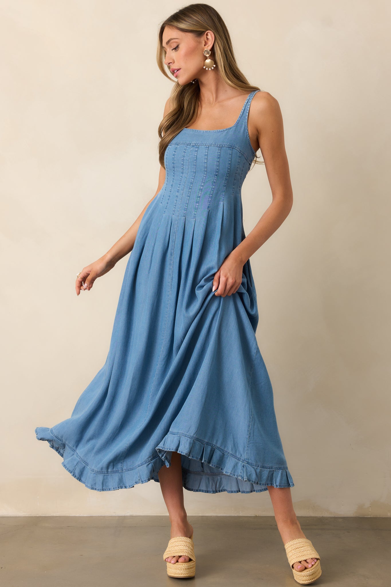 Cascading Echoes Blue Chambray Maxi Dress