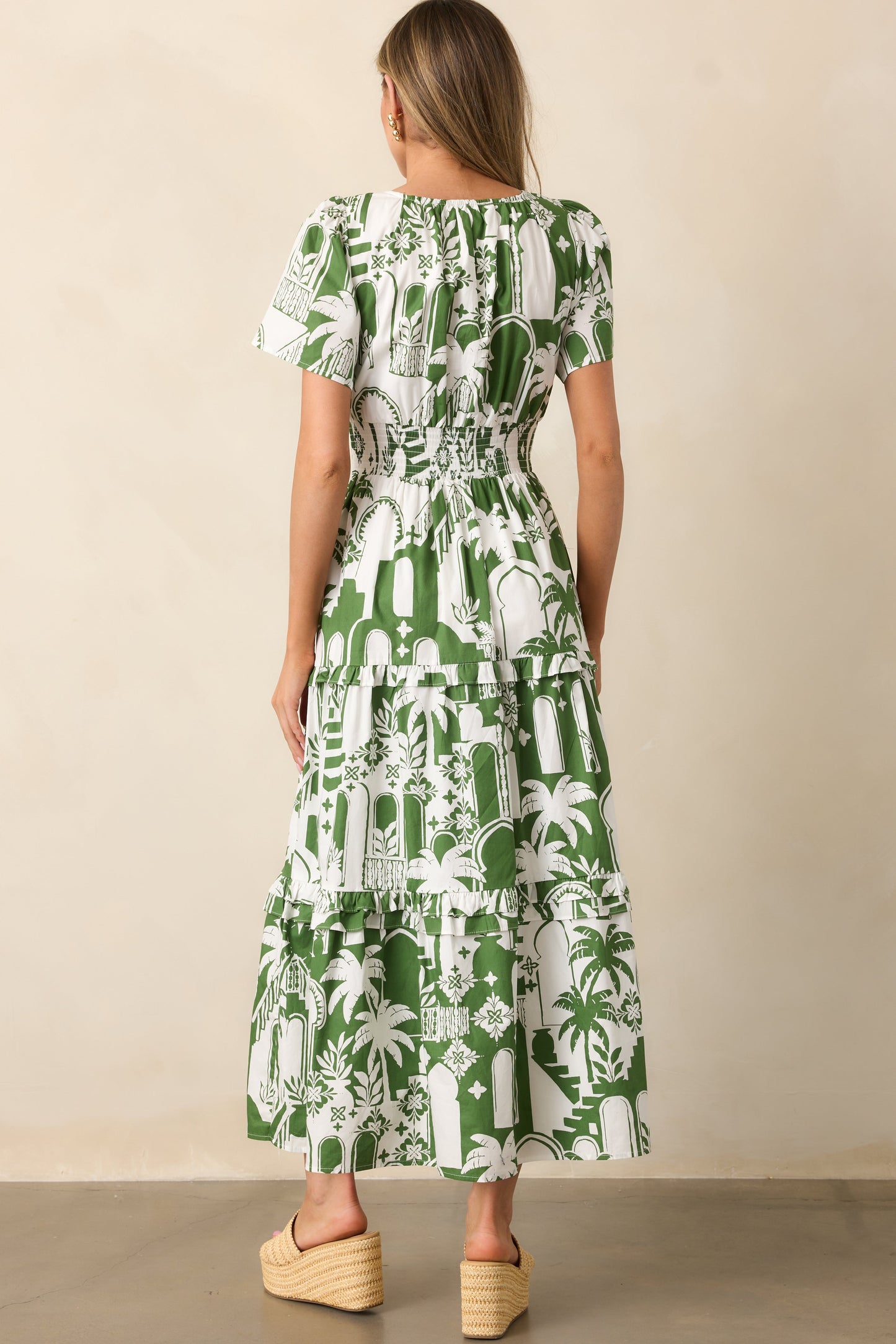 Island Glow Cotton Green Tropical Palm Print Maxi Dress