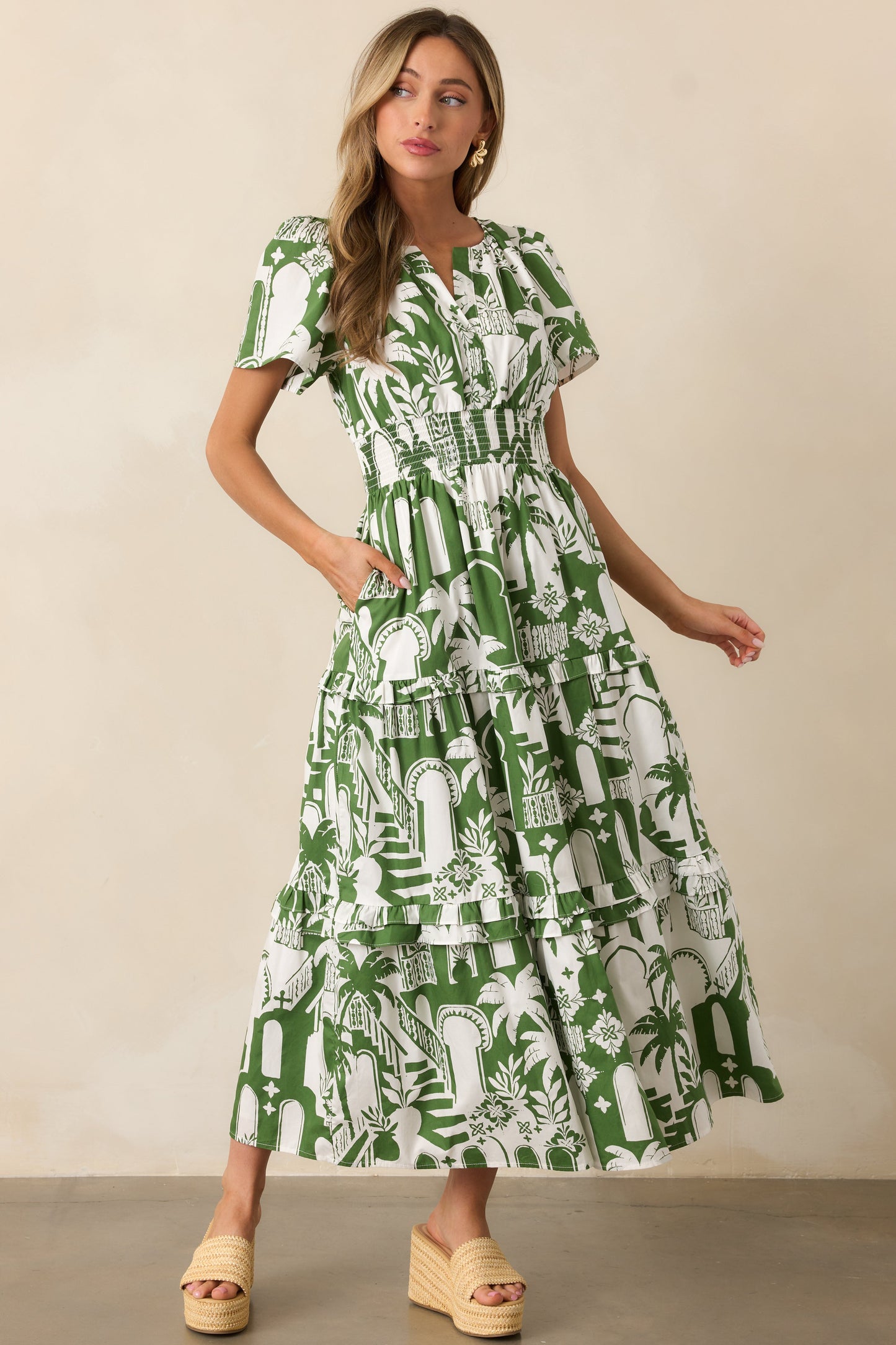 Island Glow Cotton Green Tropical Palm Print Maxi Dress
