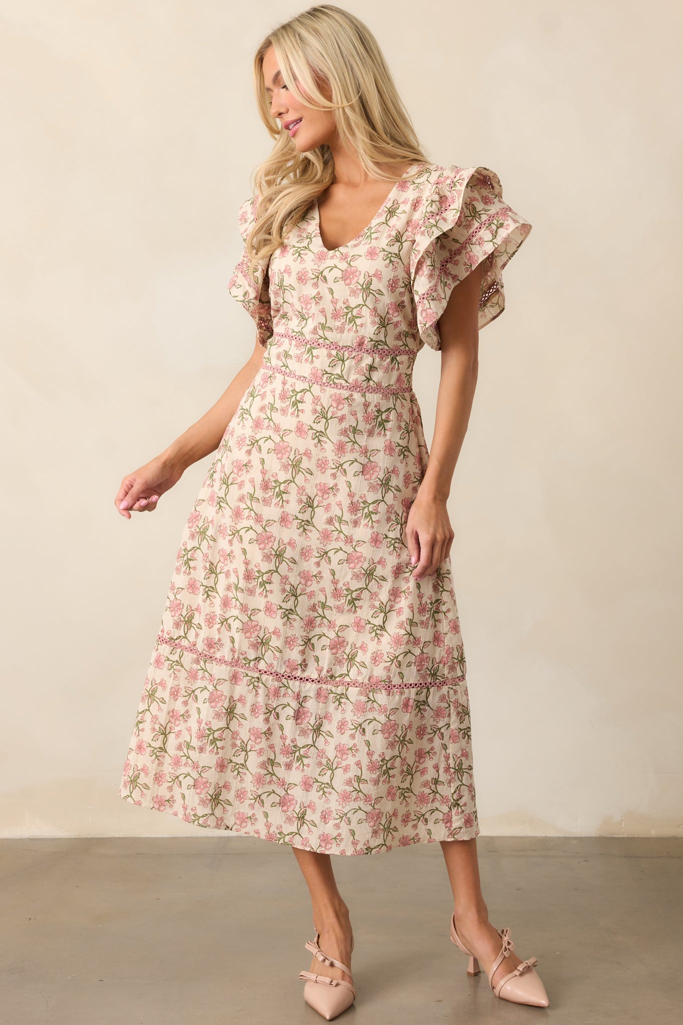 Dandelion Wishes Cotton Rose Pink Flutter Sleeve Midi Dress