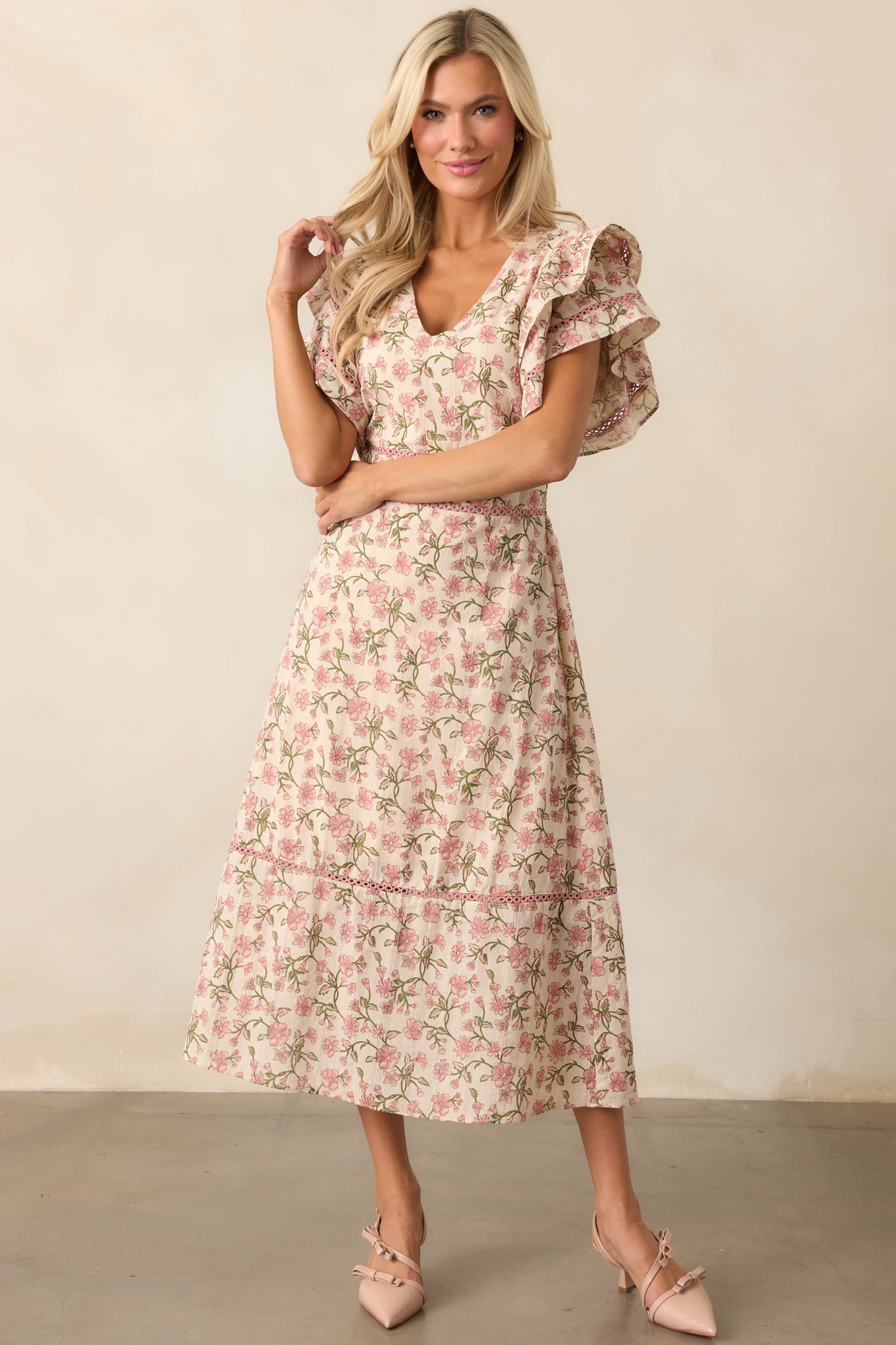 Dandelion Wishes Cotton Rose Pink Flutter Sleeve Midi Dress