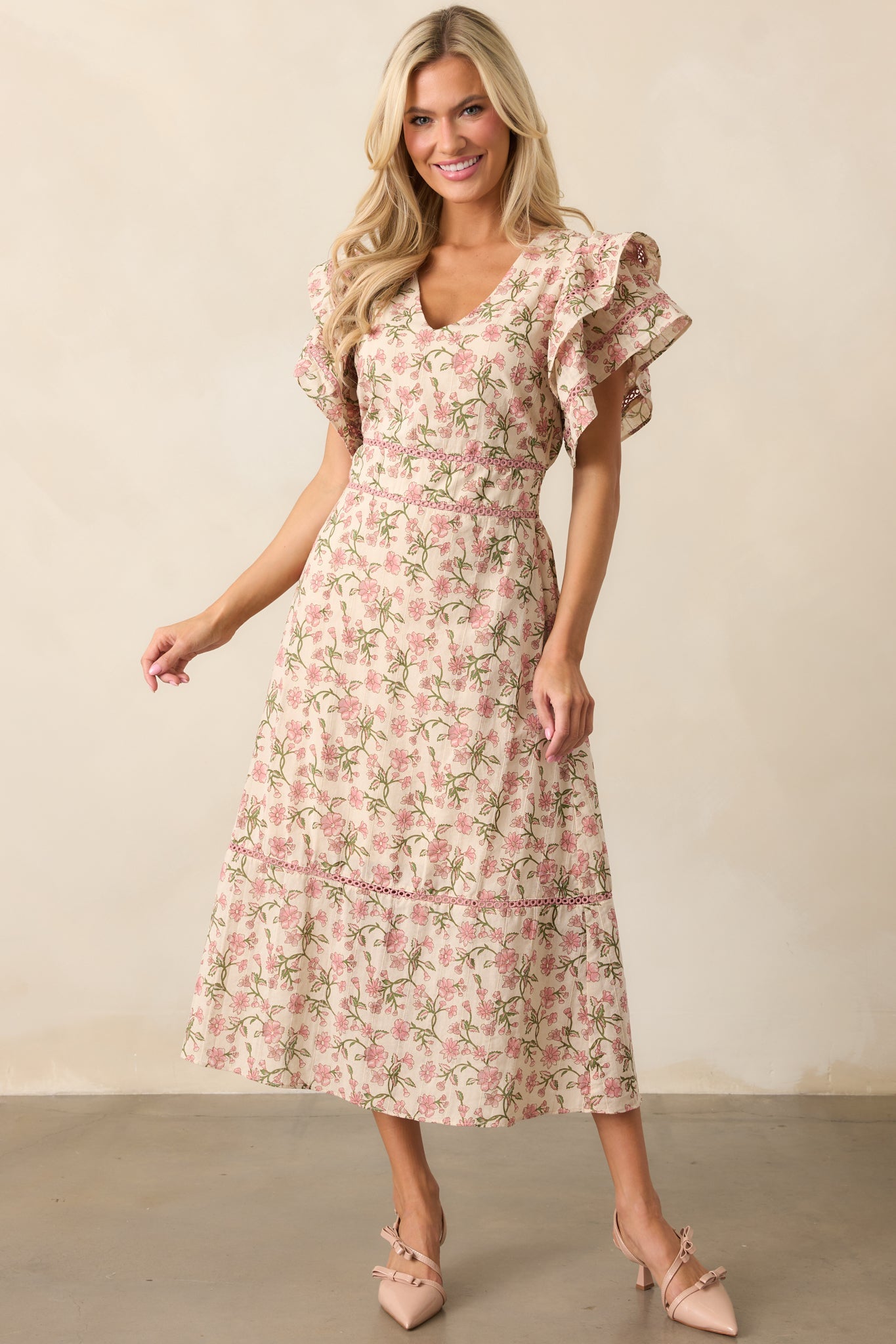 Dandelion Wishes Cotton Rose Pink Flutter Sleeve Midi Dress