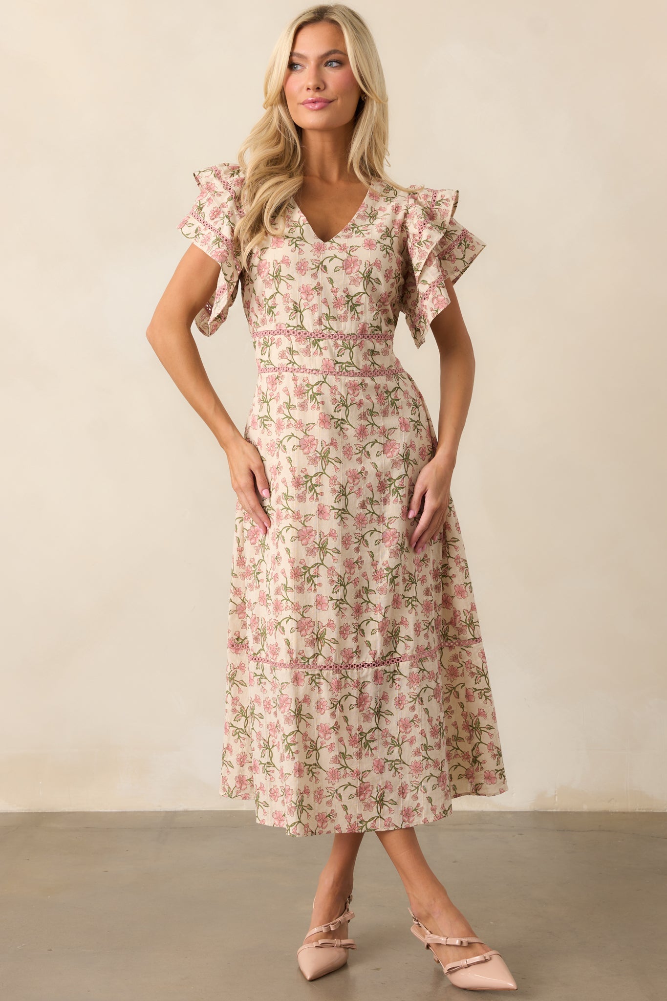 Dandelion Wishes Cotton Rose Pink Flutter Sleeve Midi Dress