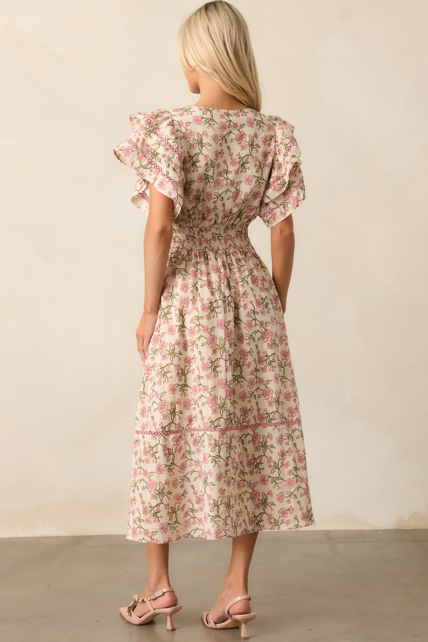 Dandelion Wishes Cotton Rose Pink Flutter Sleeve Midi Dress