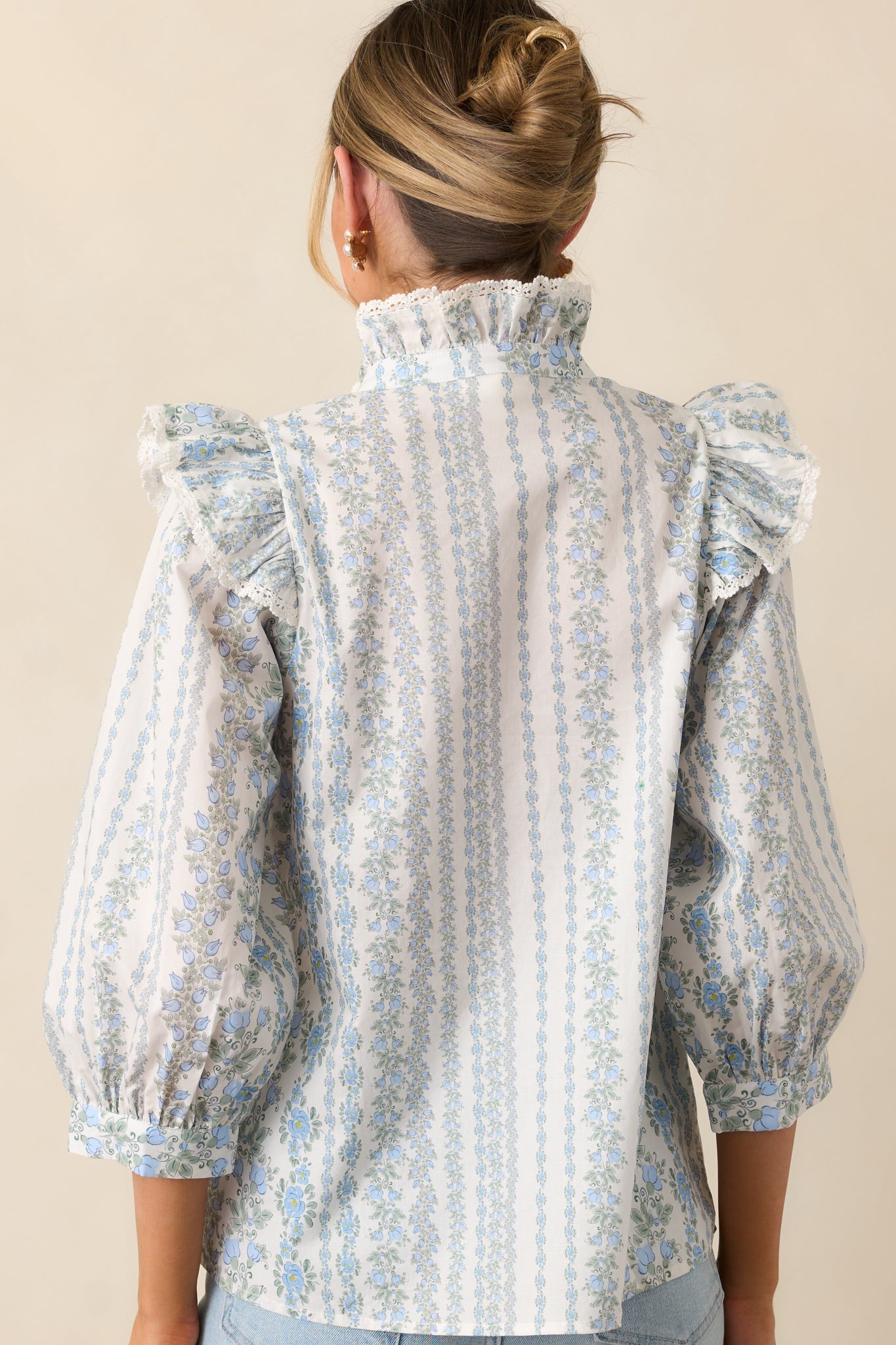 Hummingbird’s Haven Cotton Blue Flutter Sleeve Blouse
