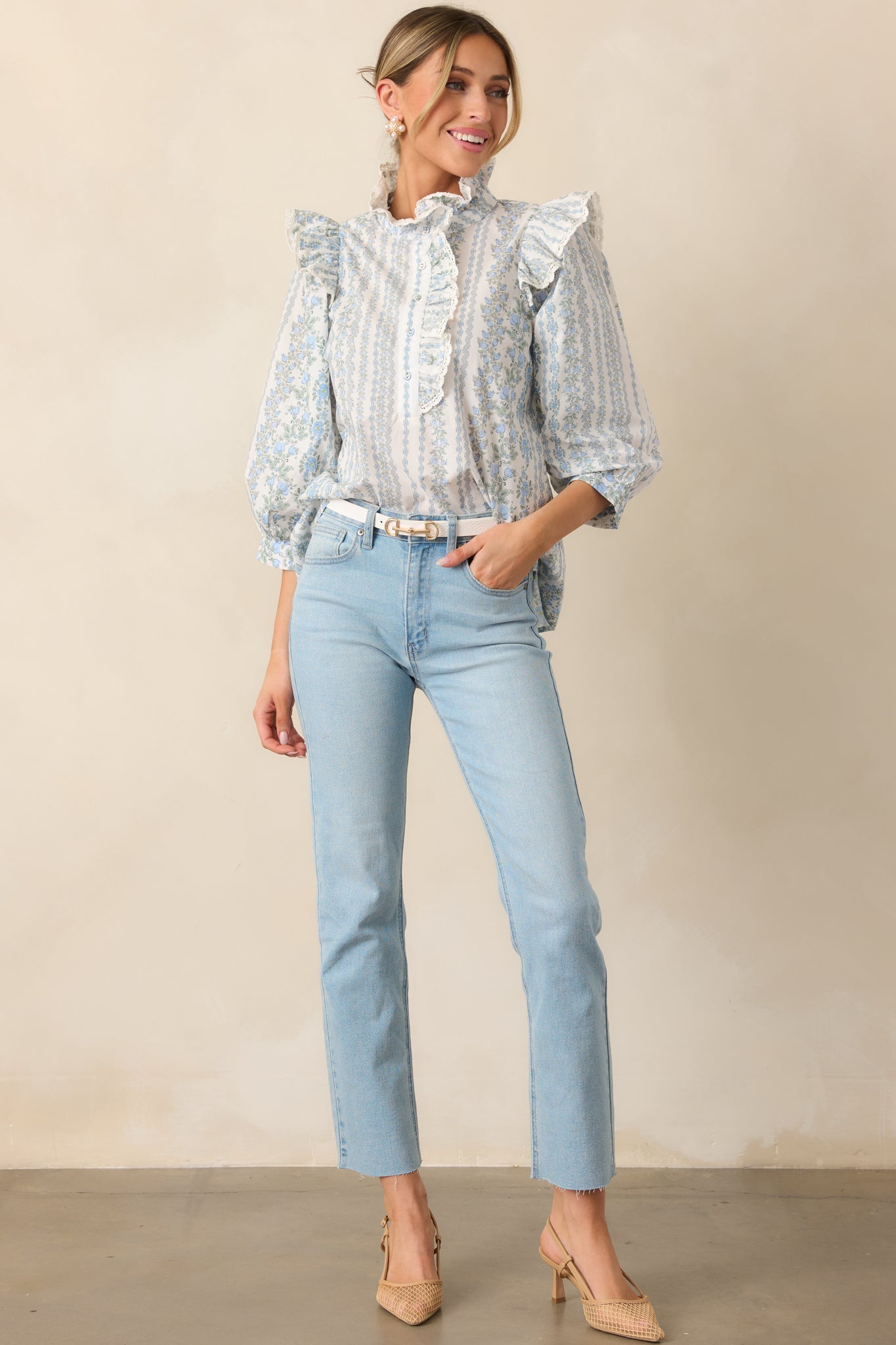 Hummingbird’s Haven Cotton Blue Flutter Sleeve Blouse