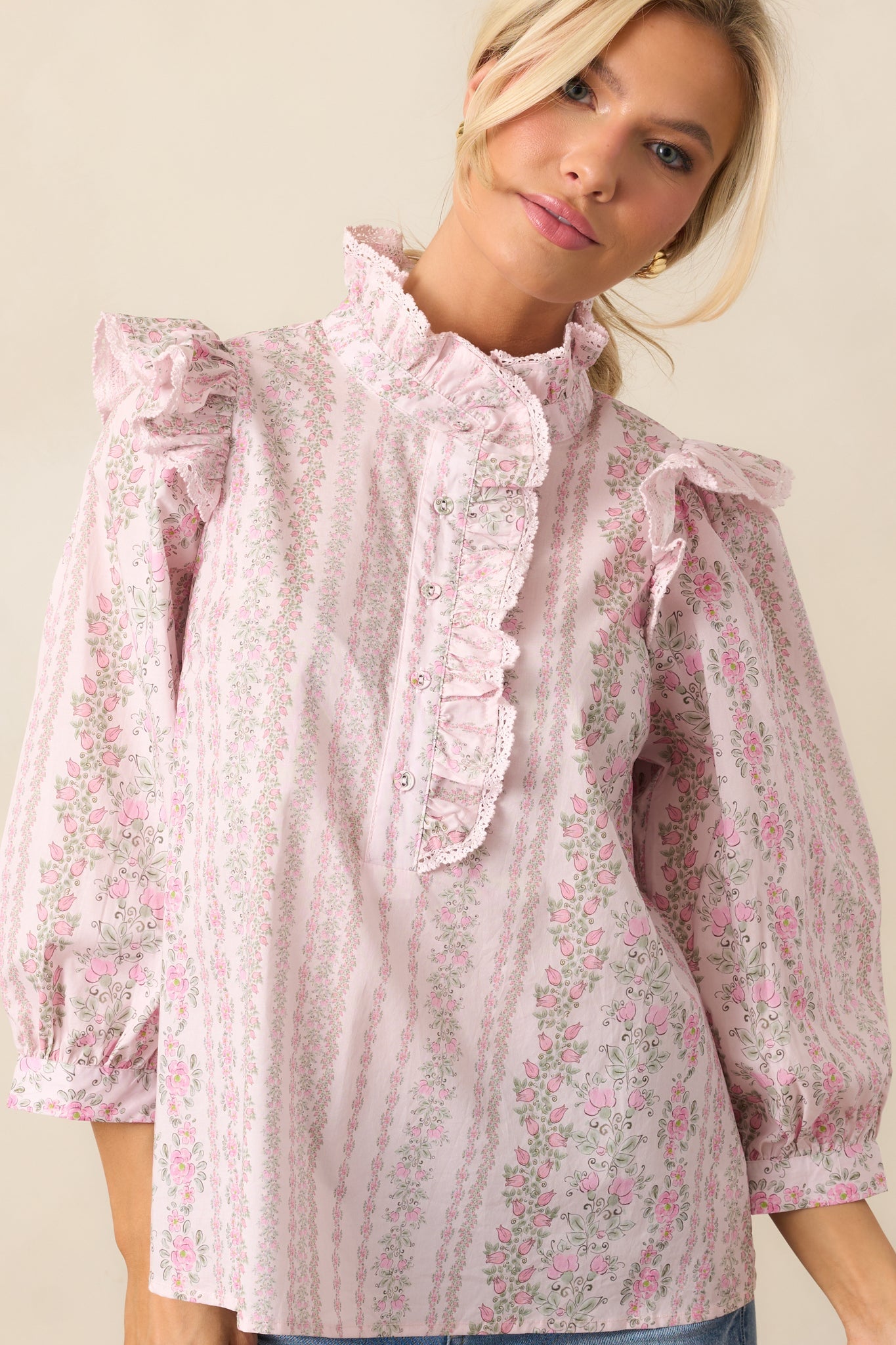 Hummingbird’s Haven Cotton Pink Flutter Sleeve Blouse