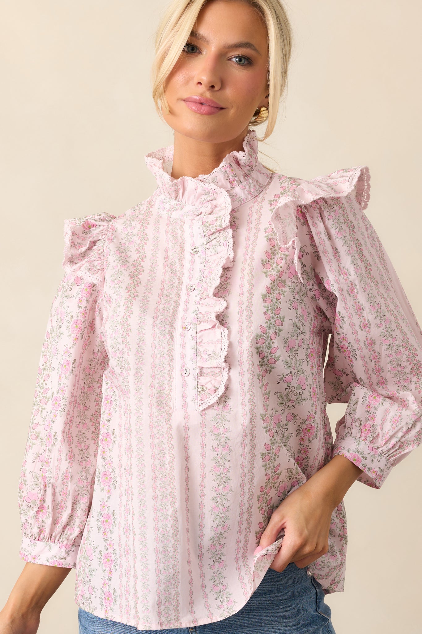 Hummingbird’s Haven Cotton Pink Flutter Sleeve Blouse