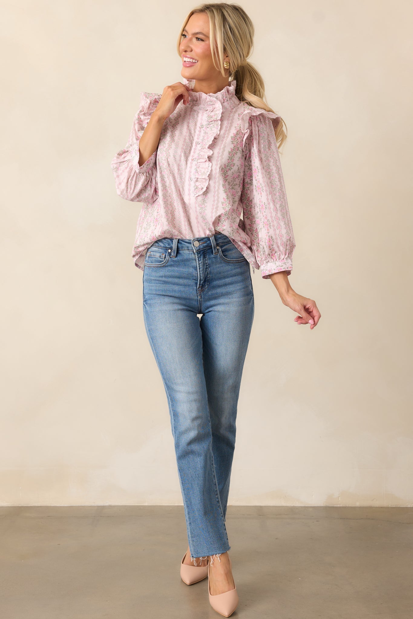 Hummingbird’s Haven Cotton Pink Flutter Sleeve Blouse