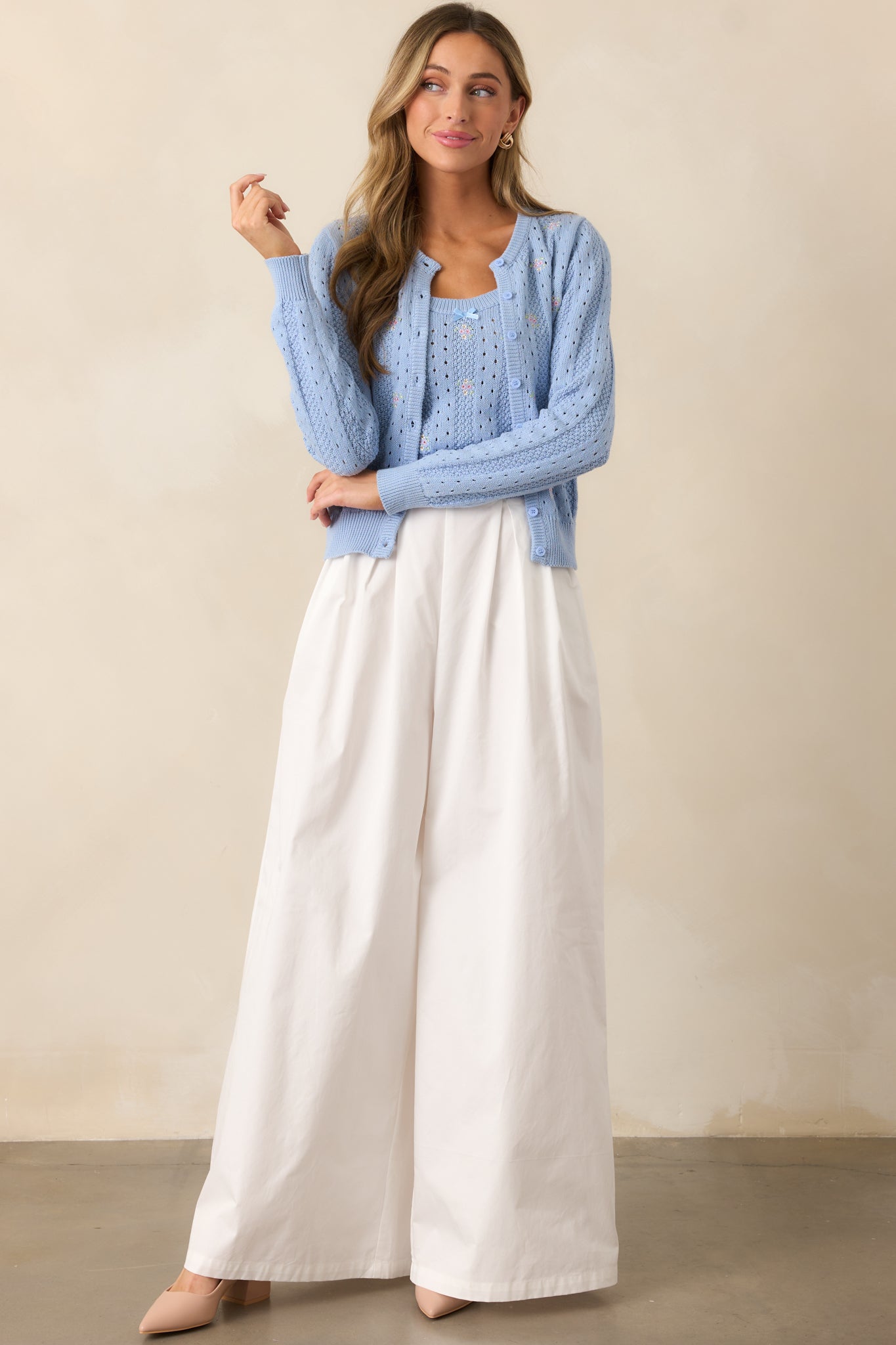 With The Tide Cotton Blue Floral Embroidered Cardigan