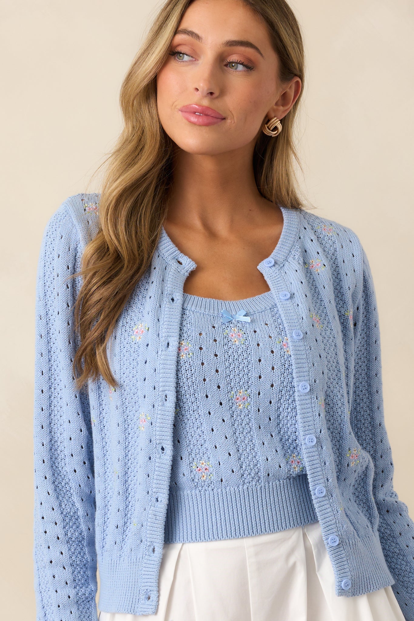 With The Tide Cotton Blue Floral Embroidered Cardigan