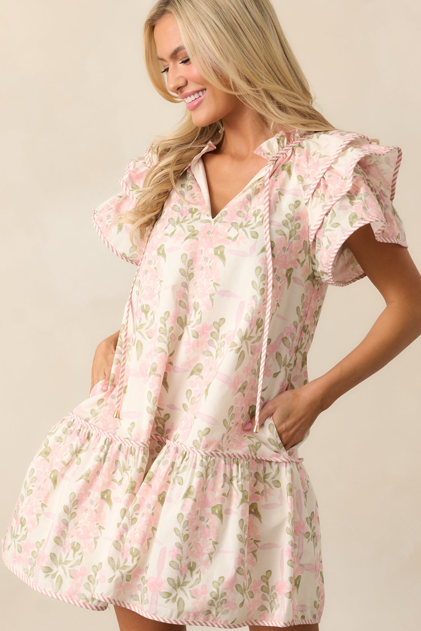 Garden Of Dreams Cotton Pink Flutter Sleeve Mini Dress
