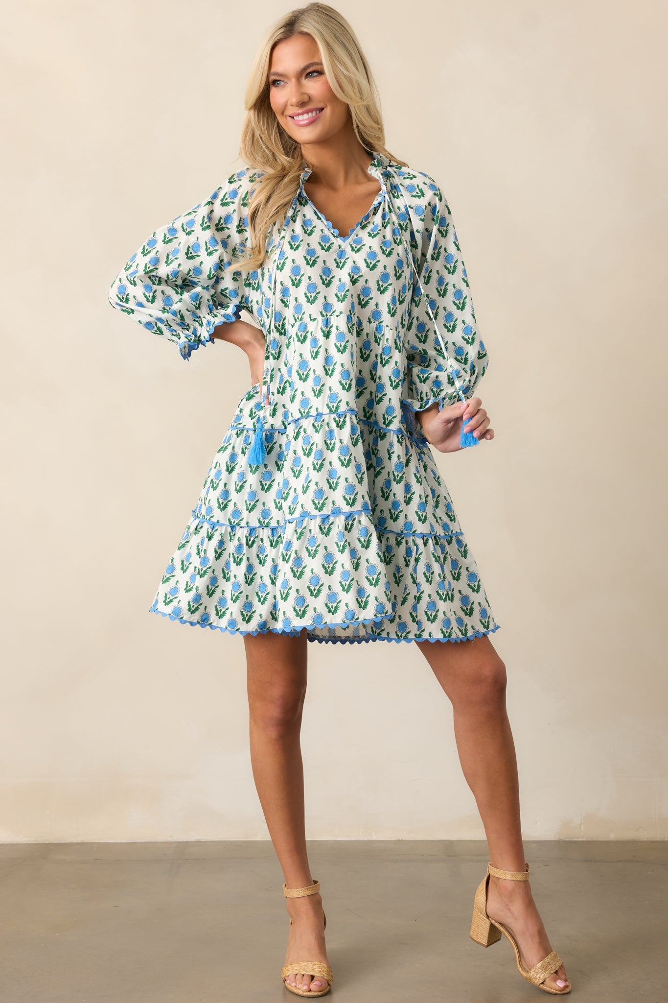 In Good Hands Blue Floral Cotton Mini Dress