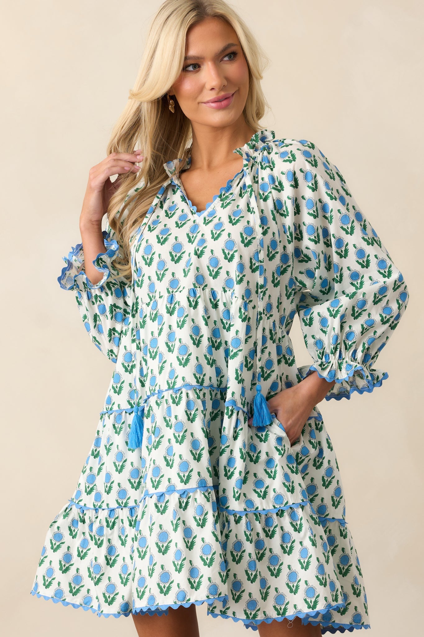 In Good Hands Blue Floral Cotton Mini Dress