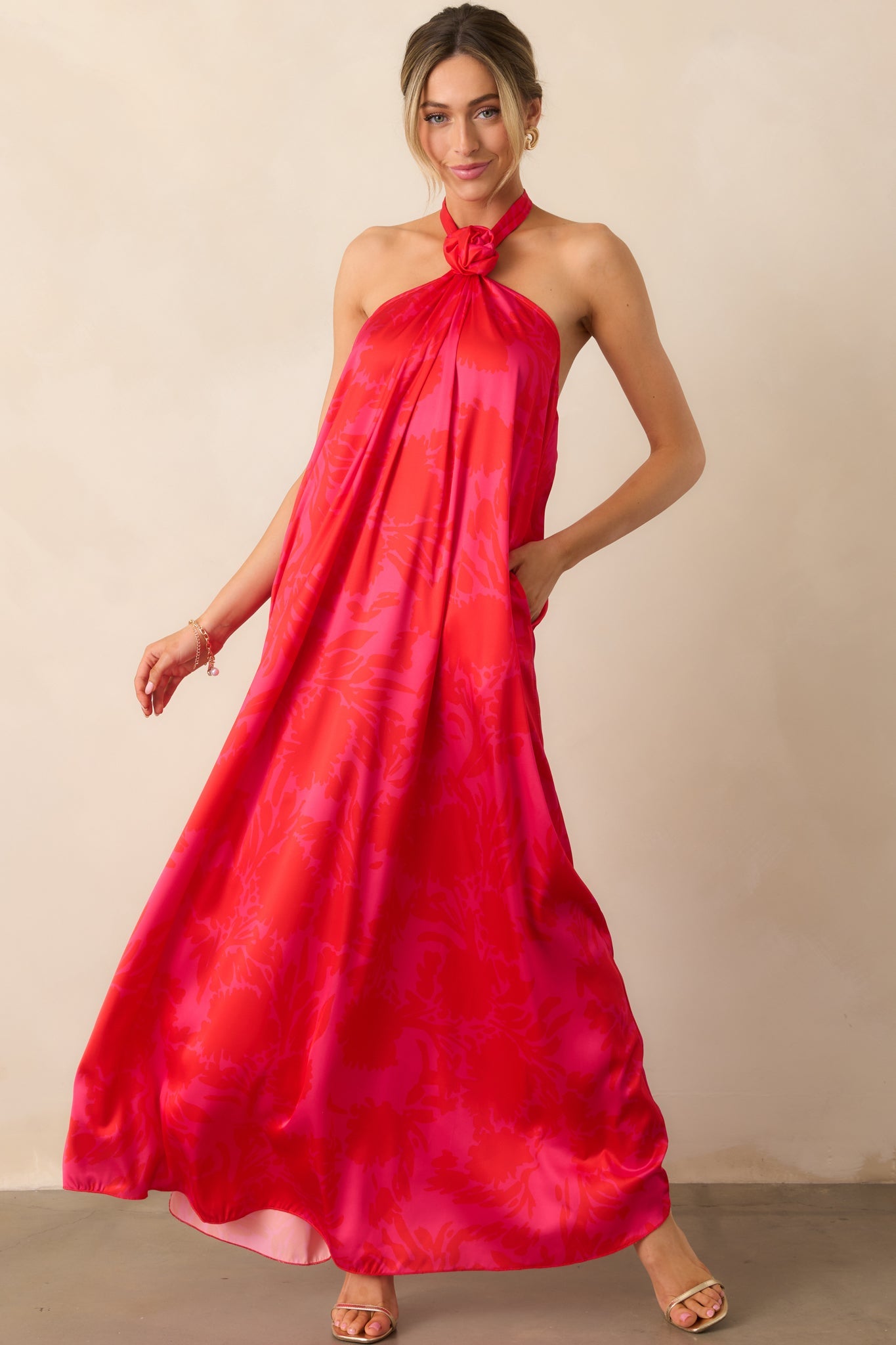 Everything You Need Red Floral Satin Halter Maxi Dress