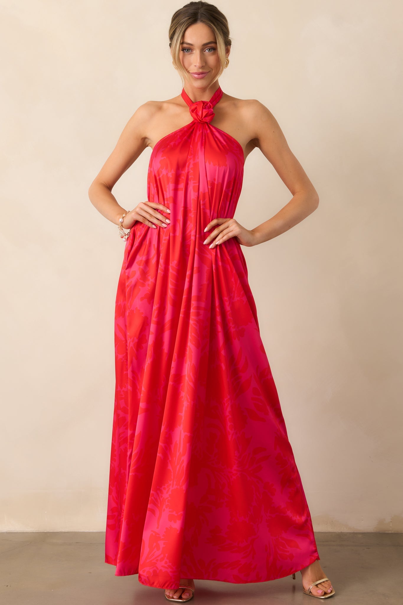 Everything You Need Red Floral Satin Halter Maxi Dress