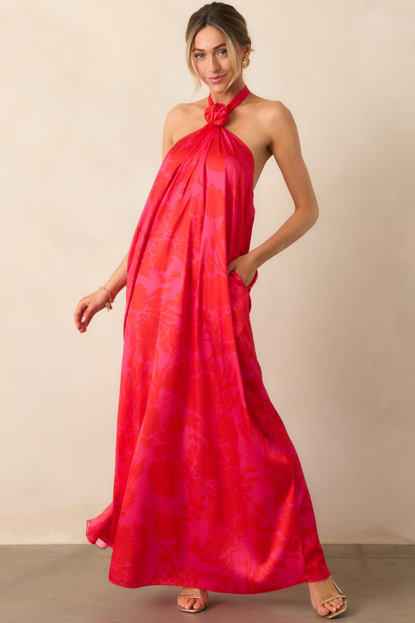 Everything You Need Red Floral Satin Halter Maxi Dress