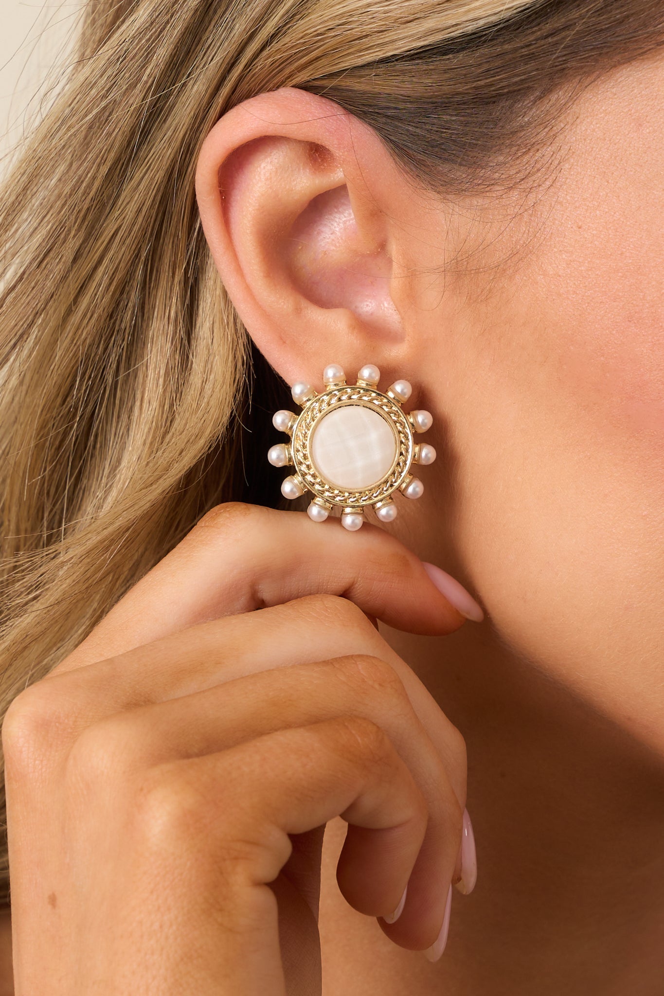 Around The World White & Gold Textured Earrings