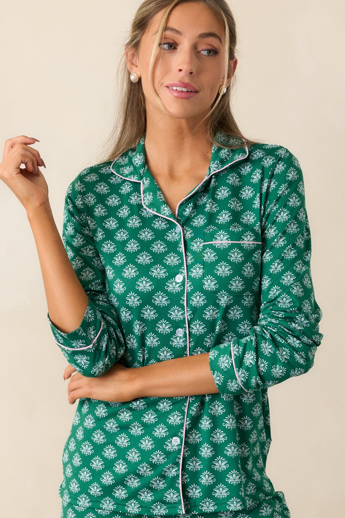 Wonders Await Green Fleur De Lis Long Sleeve Pajama Top