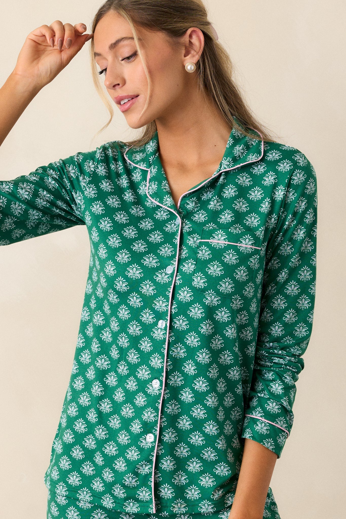 Wonders Await Green Fleur De Lis Long Sleeve Pajama Top