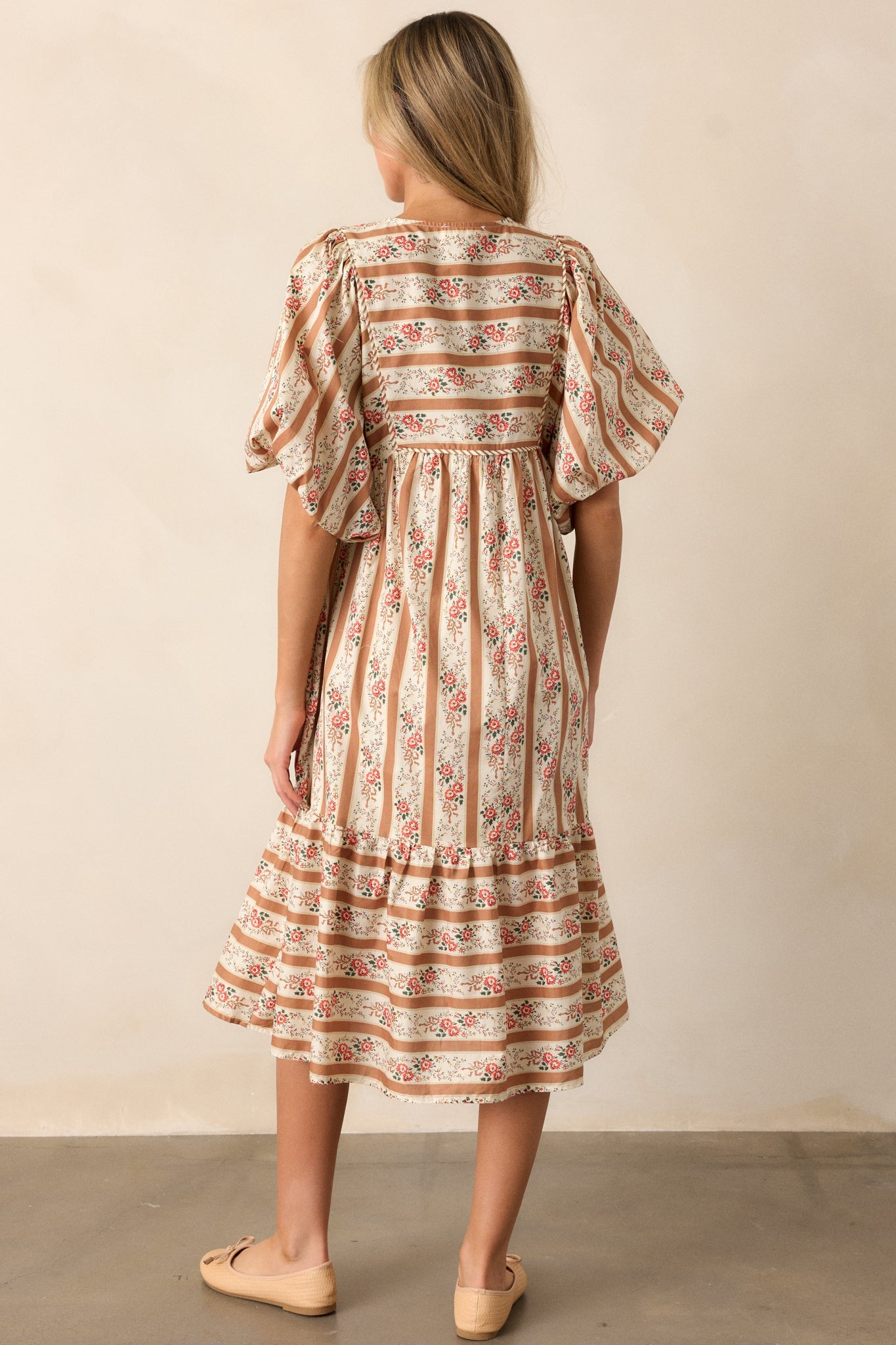 Cool Traces 100% Cotton Camel Puff Sleeve Midi Dress