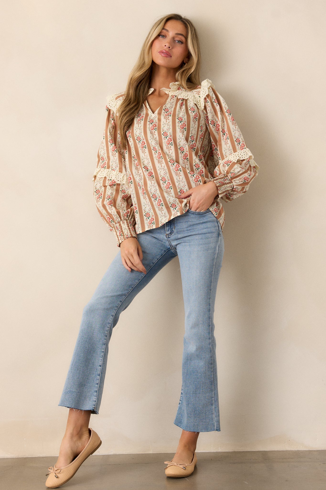 Embers of Hope Cotton Camel Floral Blouse