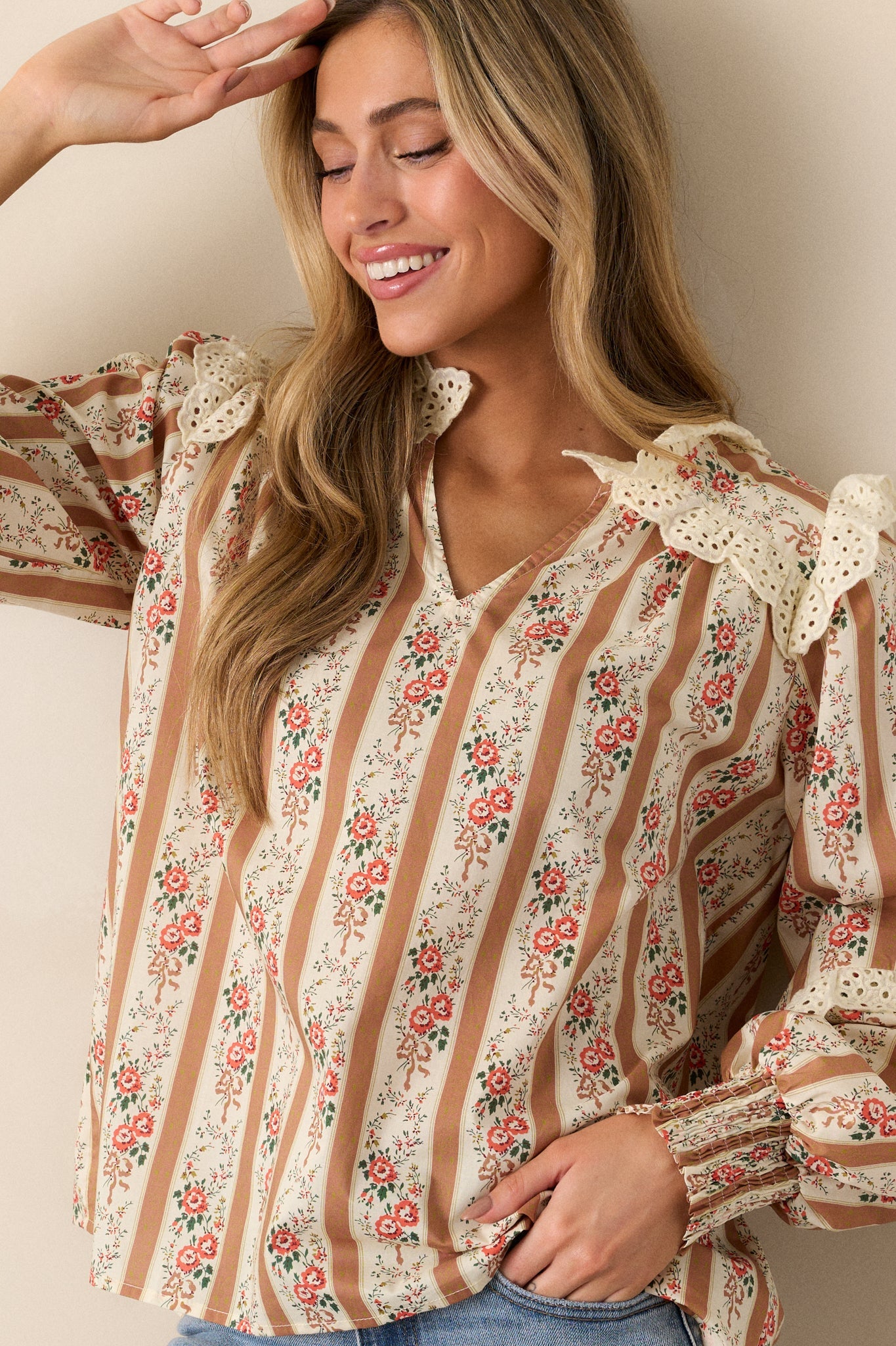 Embers of Hope Cotton Camel Floral Blouse