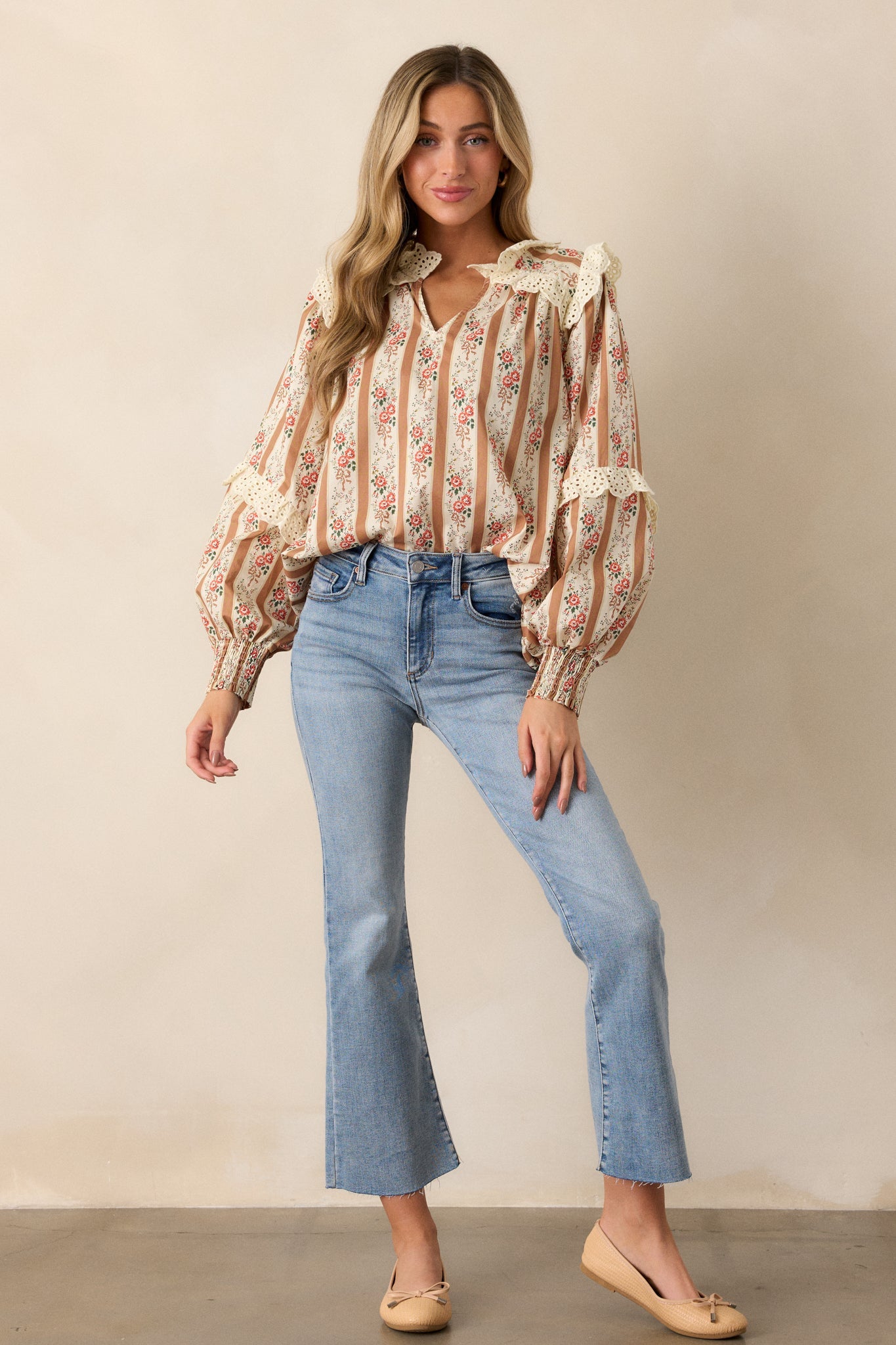 Embers of Hope Cotton Camel Floral Blouse
