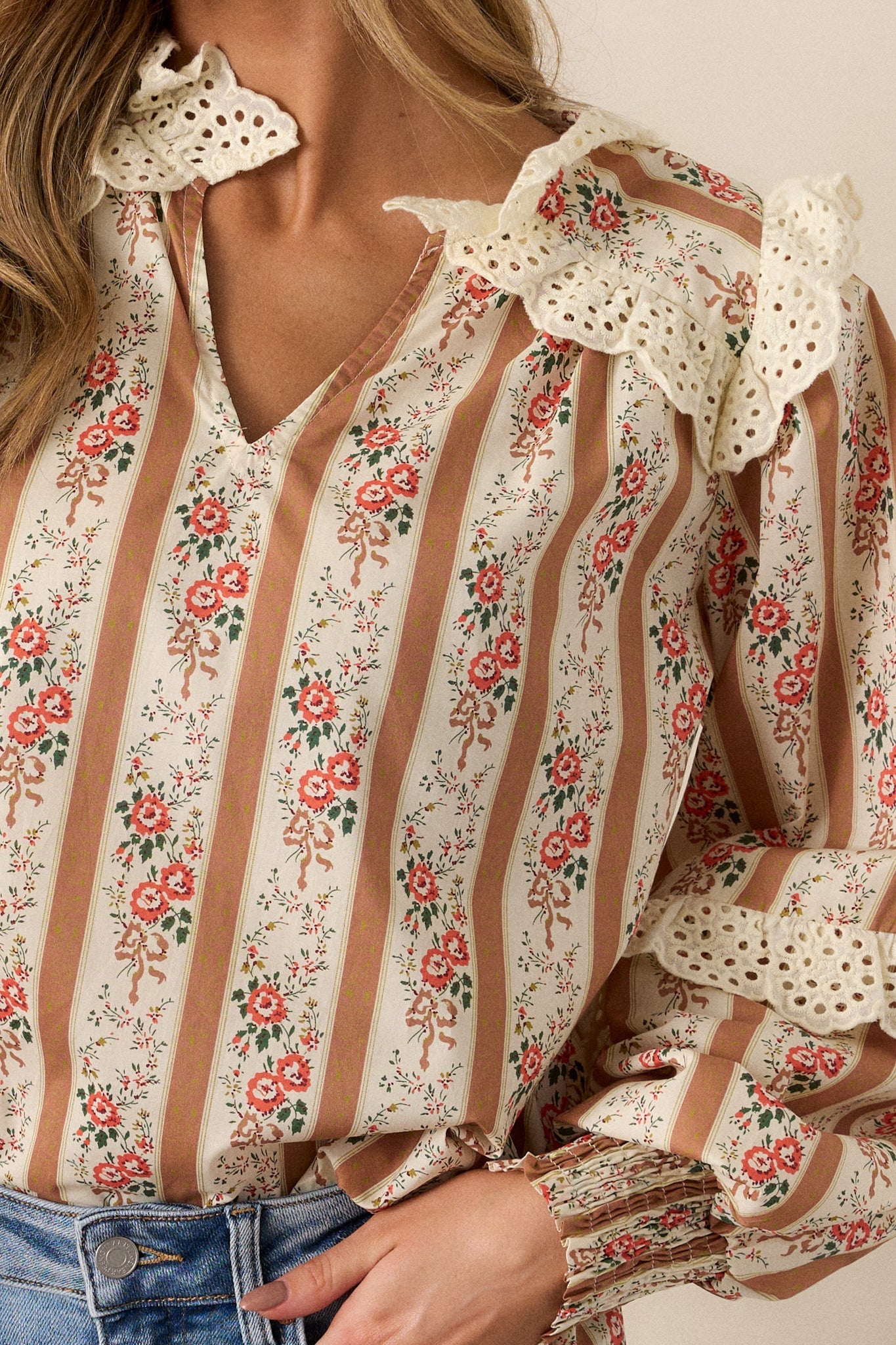 Embers of Hope Cotton Camel Floral Blouse