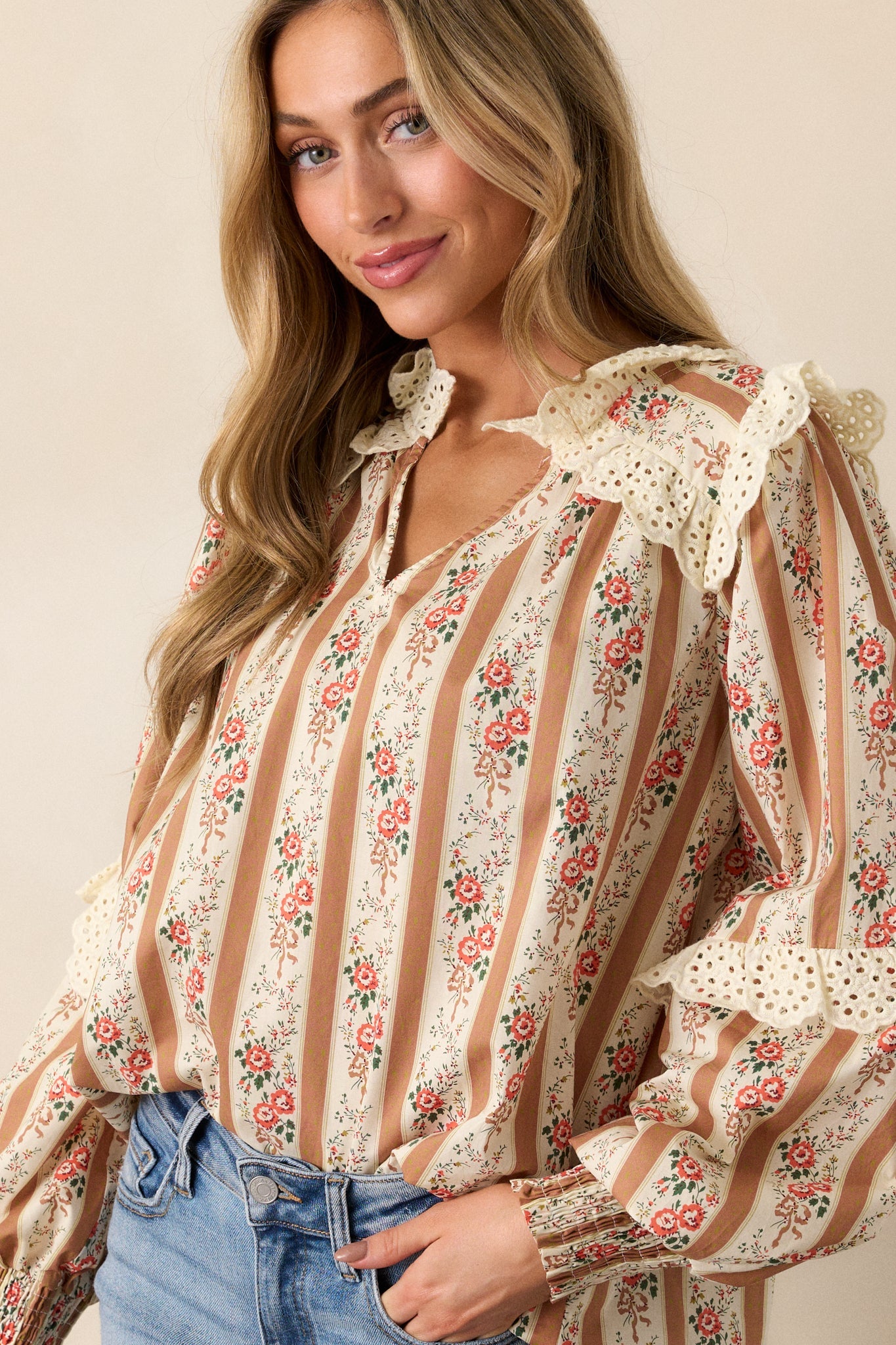 Embers of Hope Cotton Camel Floral Blouse