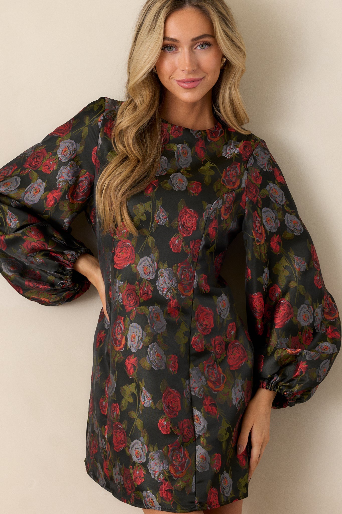 Enchanted Petals Black Floral Balloon Sleeve Mini Dress