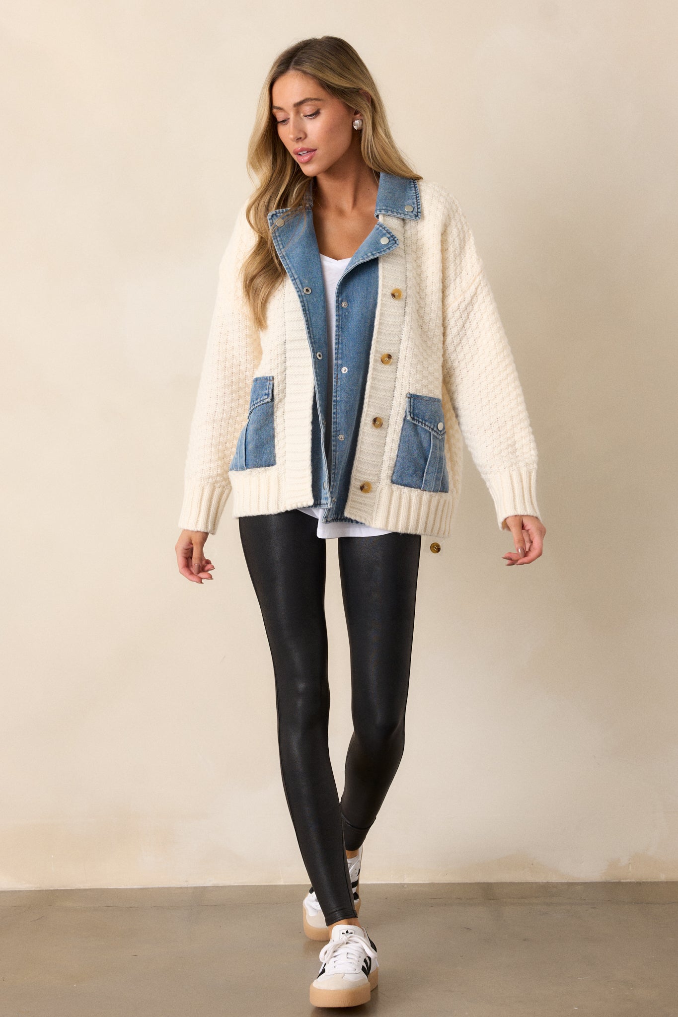 Kaleidoscope Dreams Ivory Knit and Denim Combo Jacket