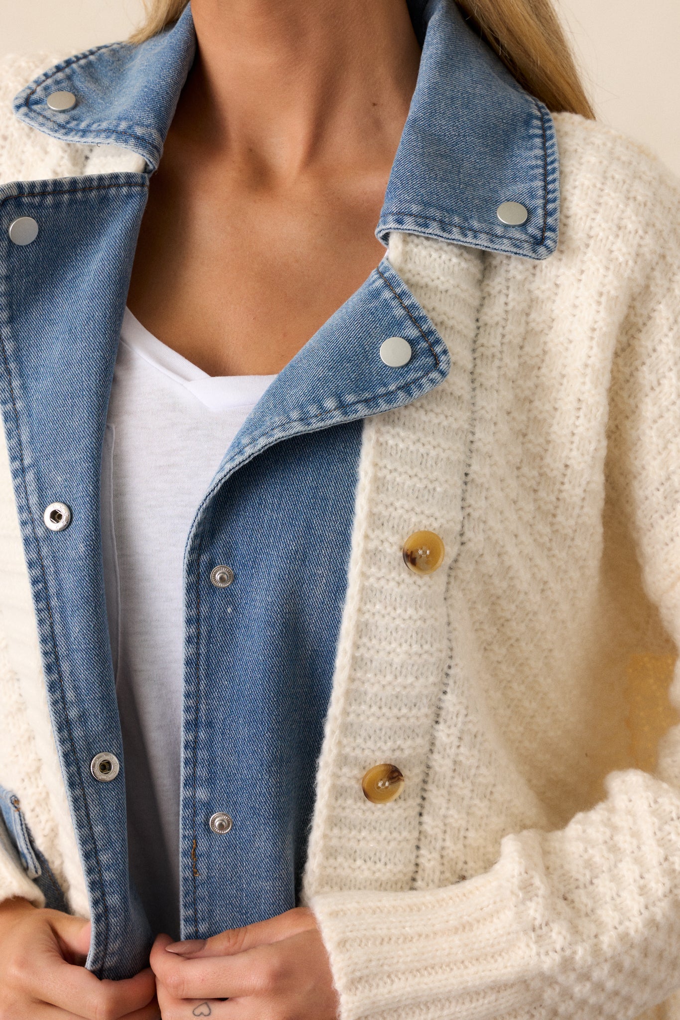 Kaleidoscope Dreams Ivory Knit and Denim Combo Jacket