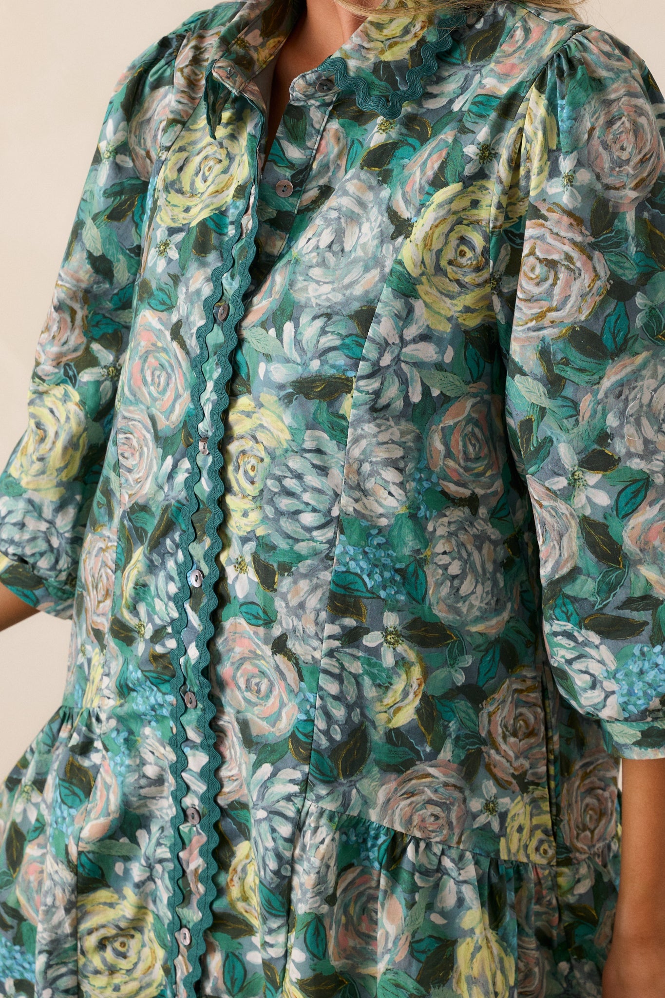 Canvas Of Memories 100% Cotton Green Floral Mini Dress