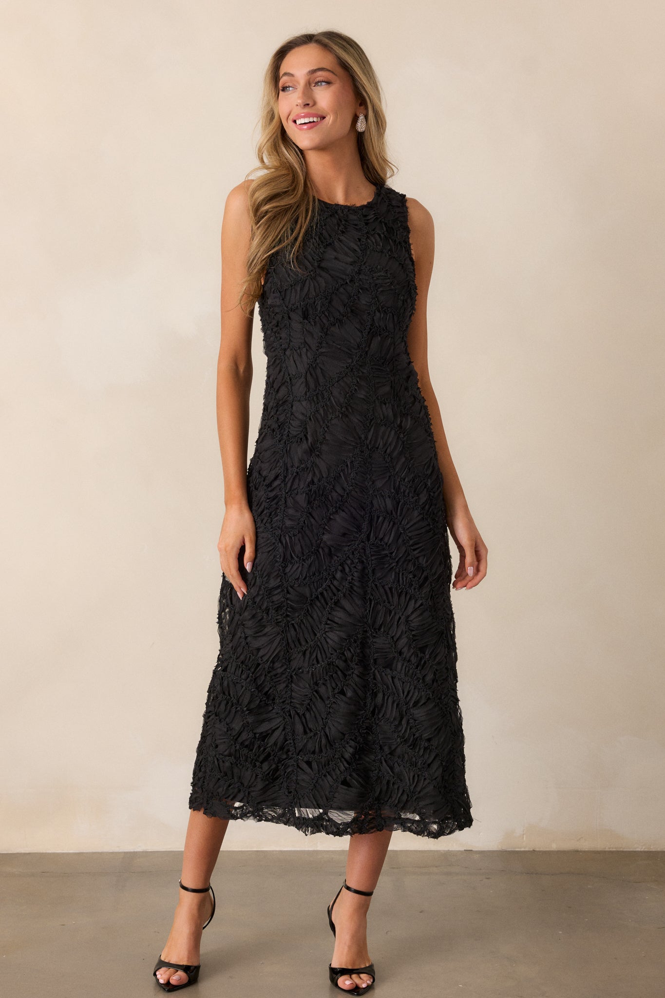 Chasing Shadows Black Textured Midi Dress