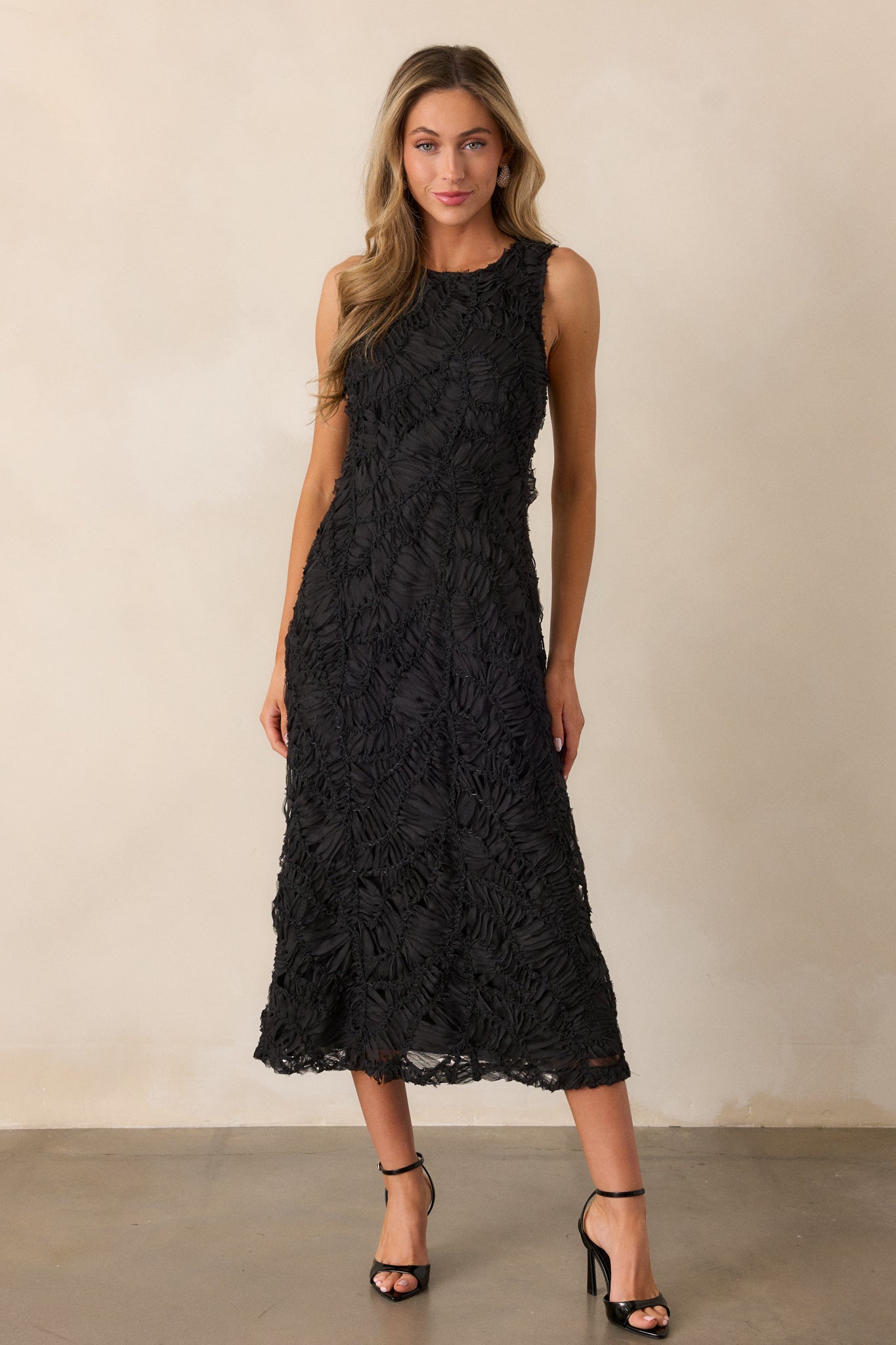 Chasing Shadows Black Textured Midi Dress