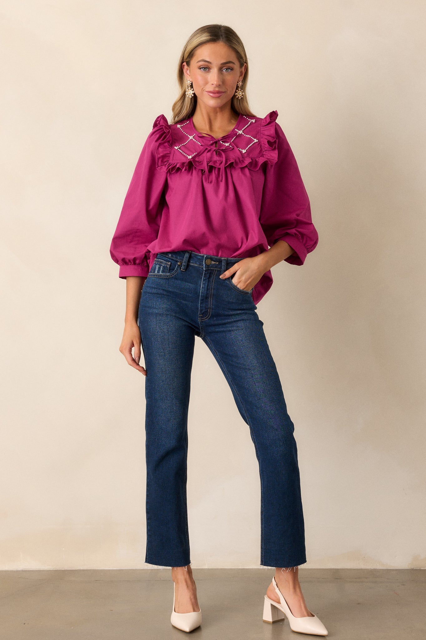 It Happens Dark Fuchsia Ruffle Puff Sleeve Top