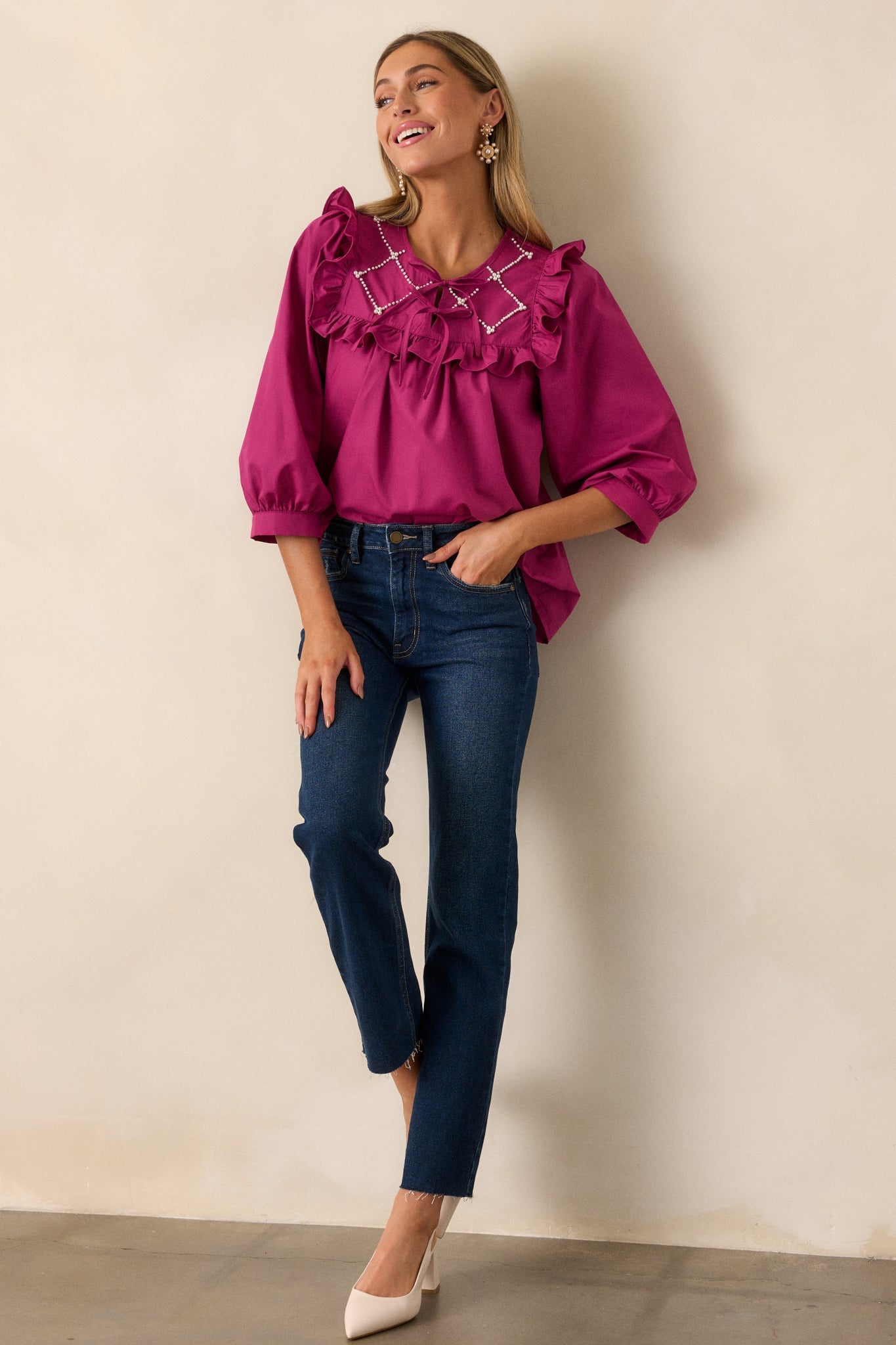 It Happens Dark Fuchsia Ruffle Puff Sleeve Top