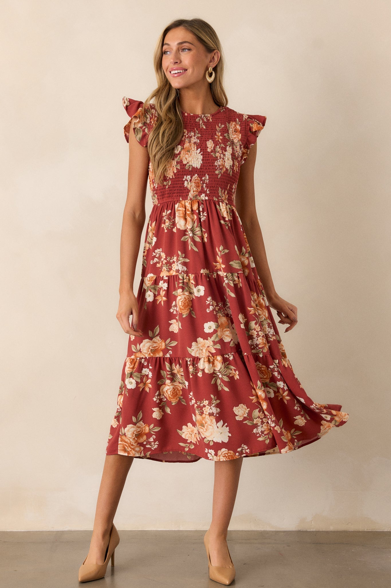 Desert Dawn Red Floral Midi Dress