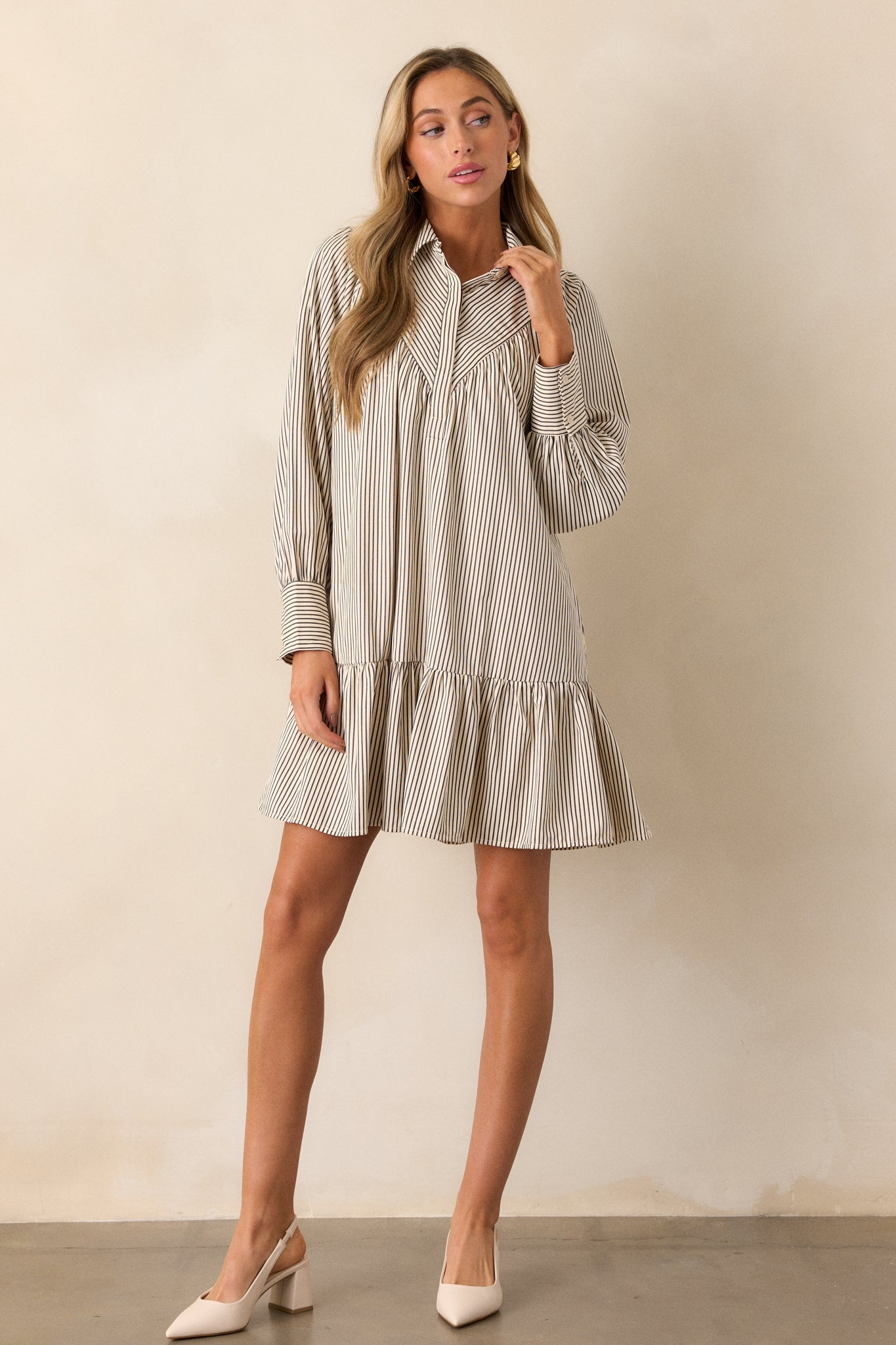 Call You Later Ivory Stripe Long Sleeve Mini Dress