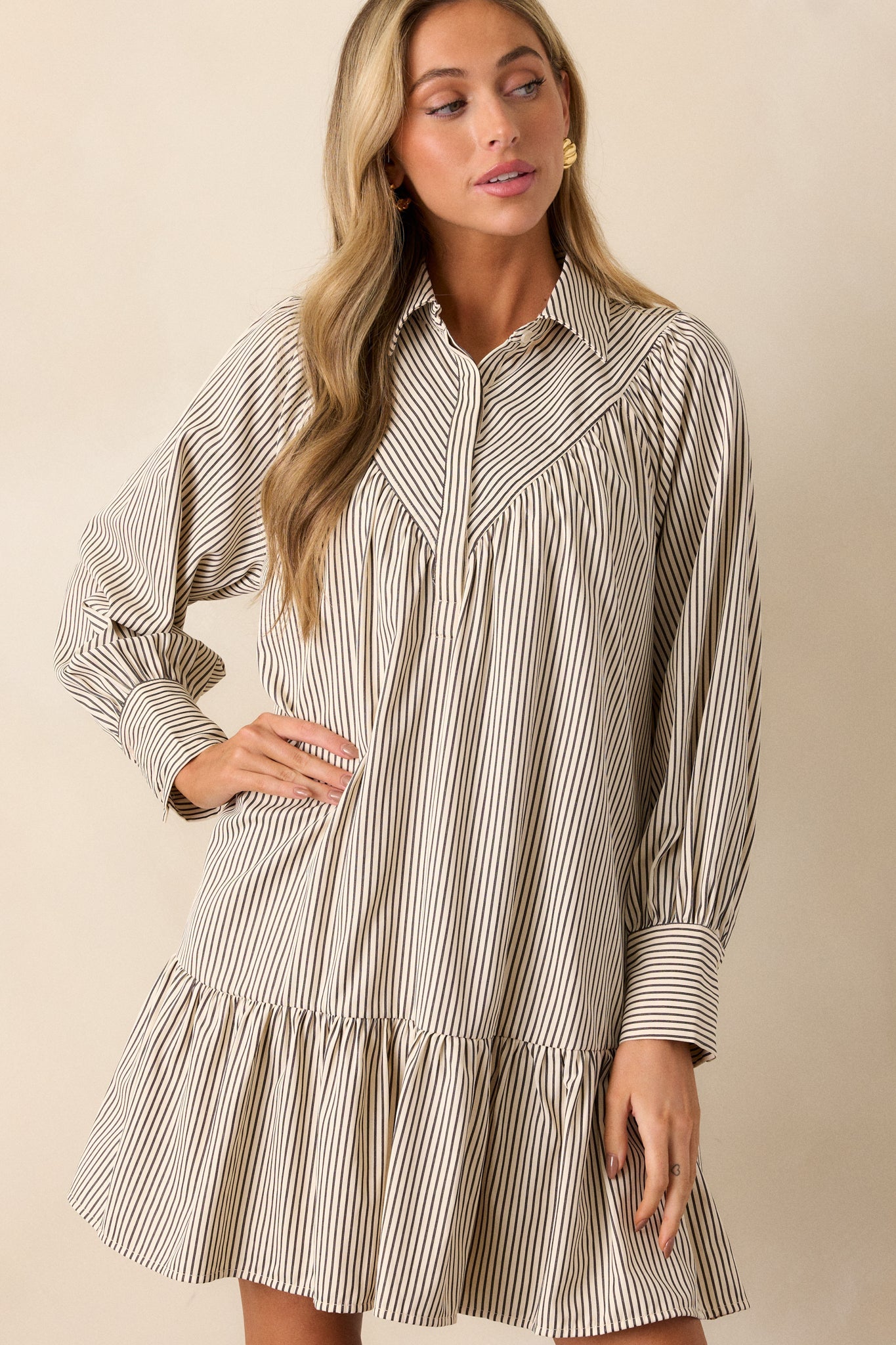 Call You Later Ivory Stripe Long Sleeve Mini Dress