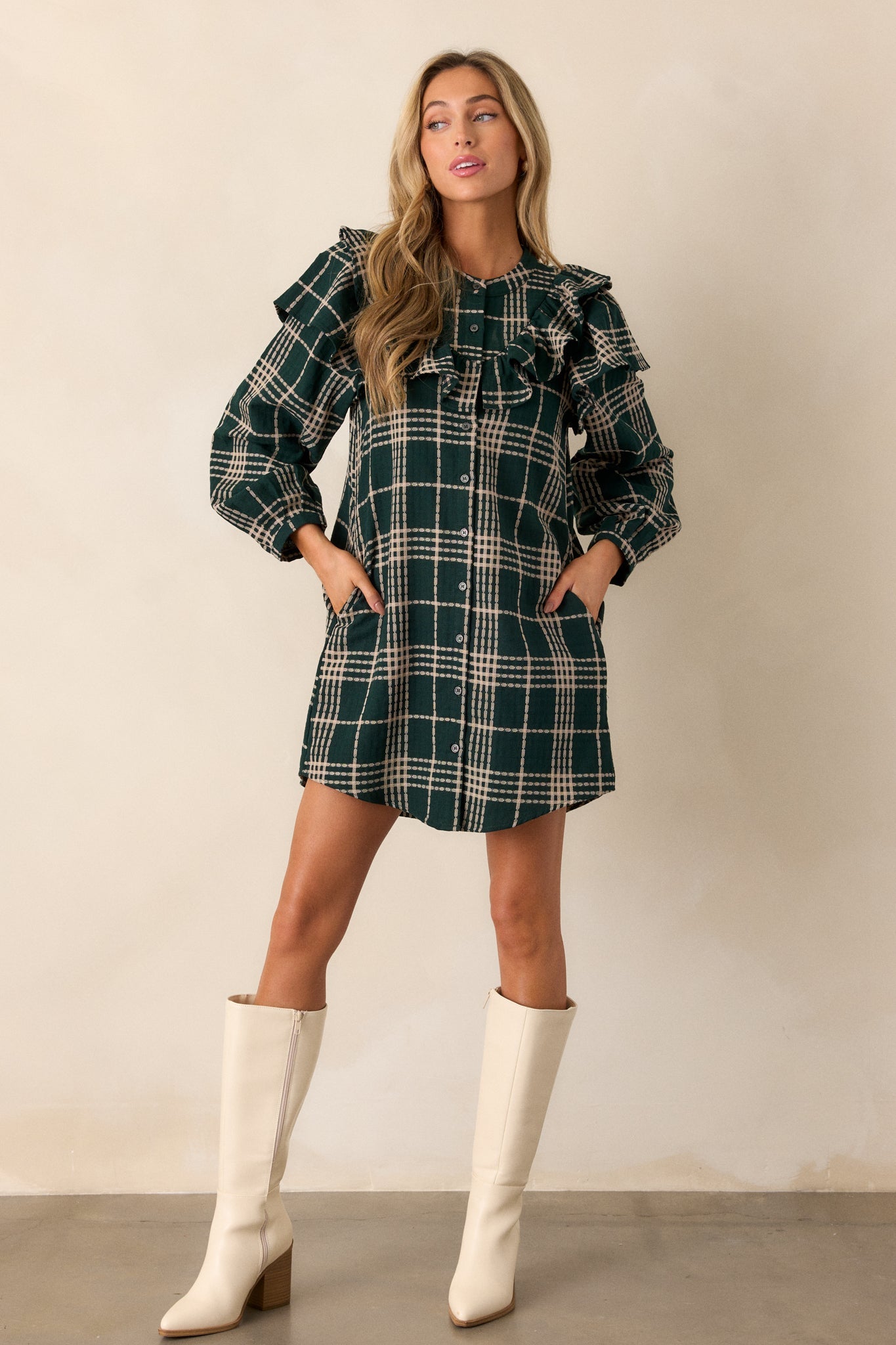 Falling into Bliss 100% Cotton Forest Green Plaid Mini Dress