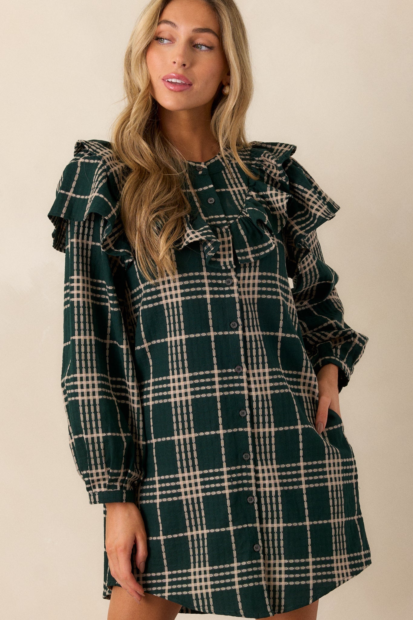 Falling into Bliss 100% Cotton Forest Green Plaid Mini Dress