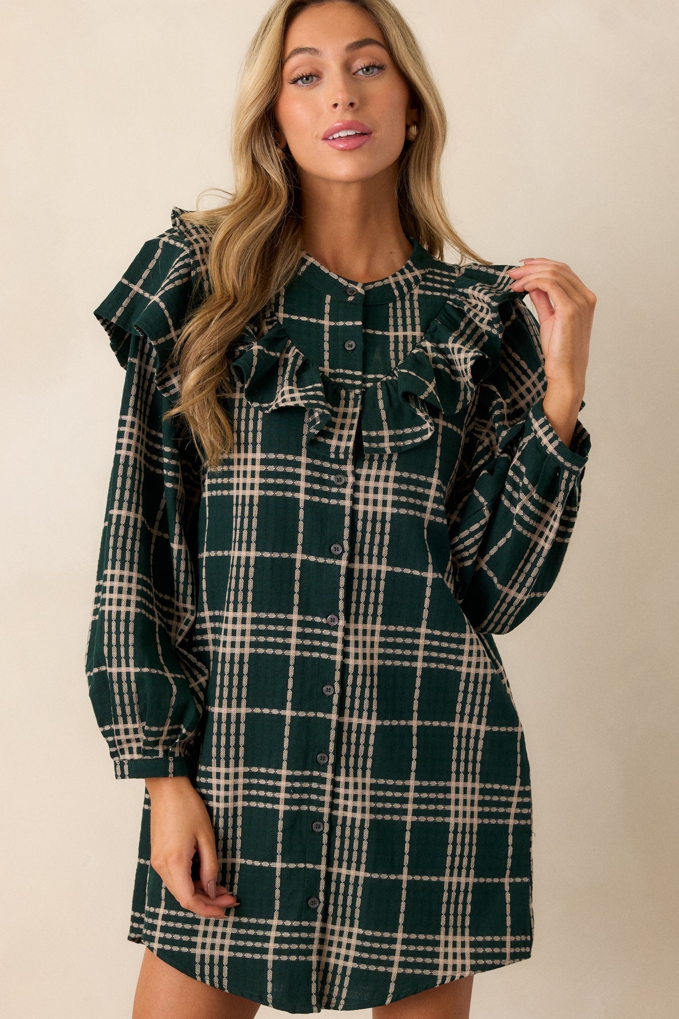 Falling into Bliss 100% Cotton Forest Green Plaid Mini Dress