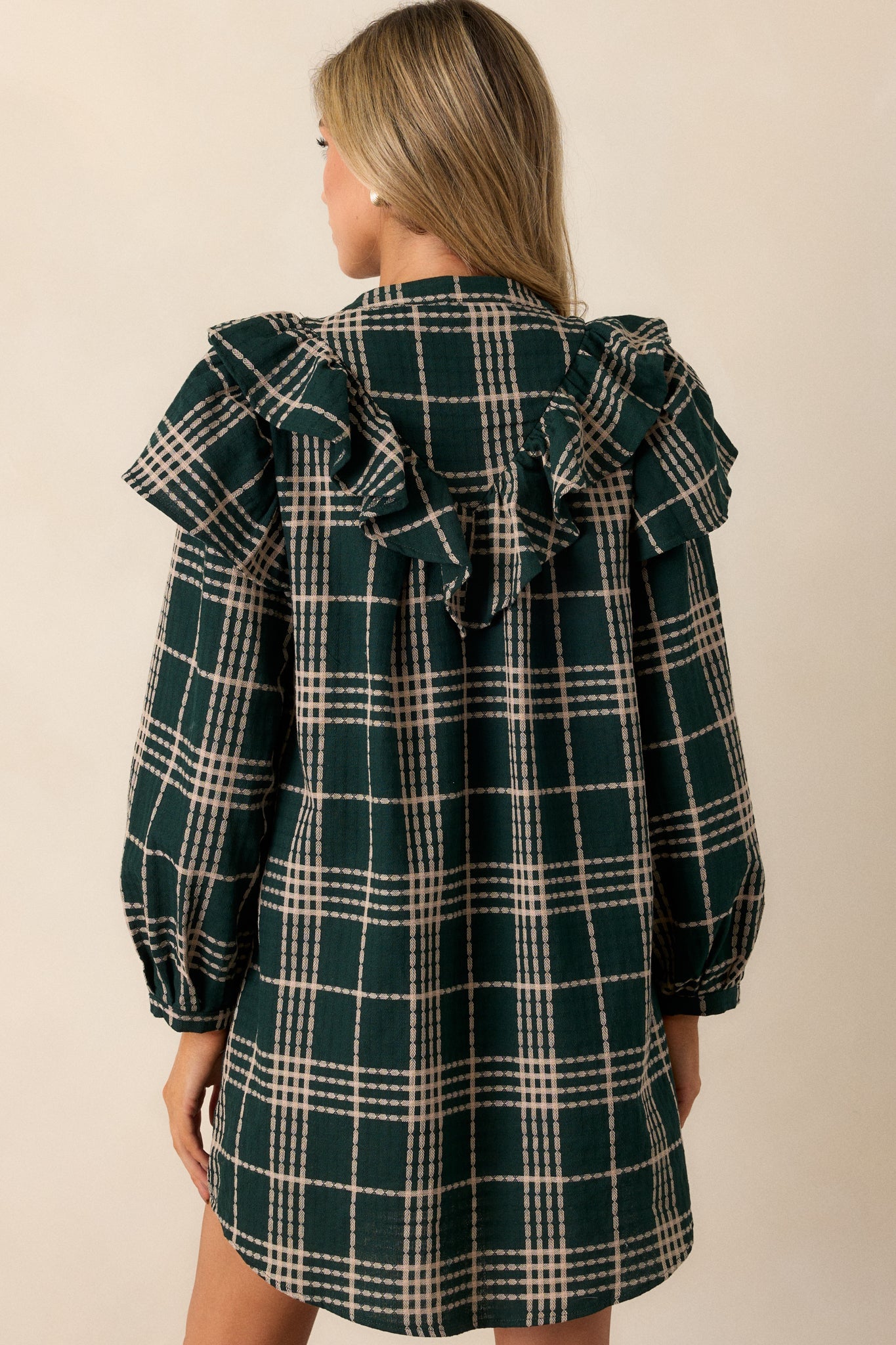 Falling into Bliss 100% Cotton Forest Green Plaid Mini Dress
