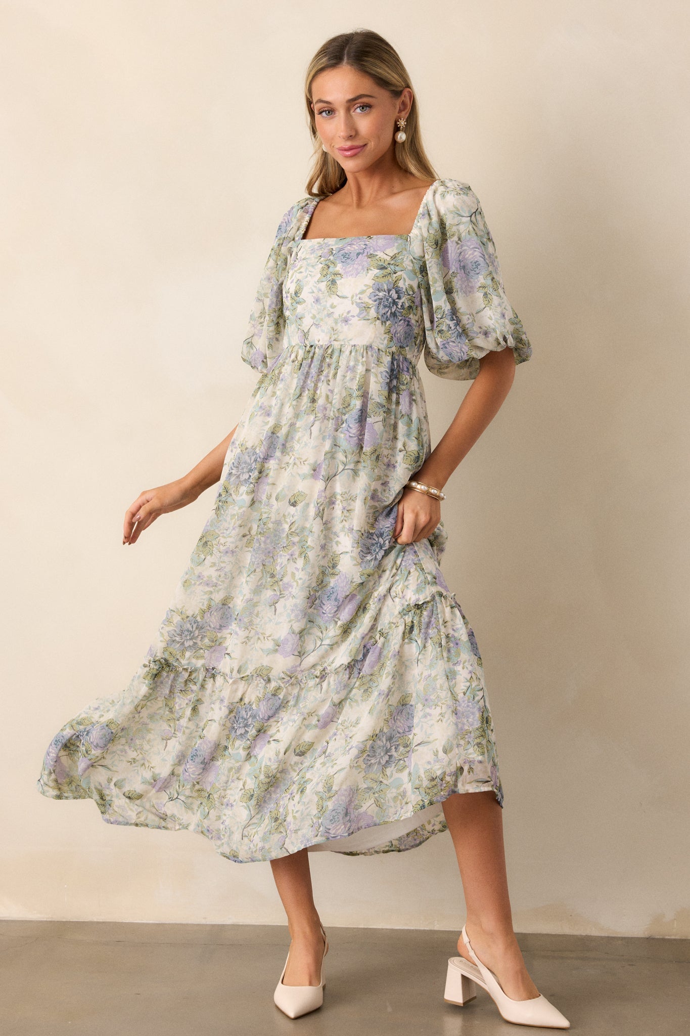 Fields of Gold Ivory Floral Puff Sleeve Midi Dress