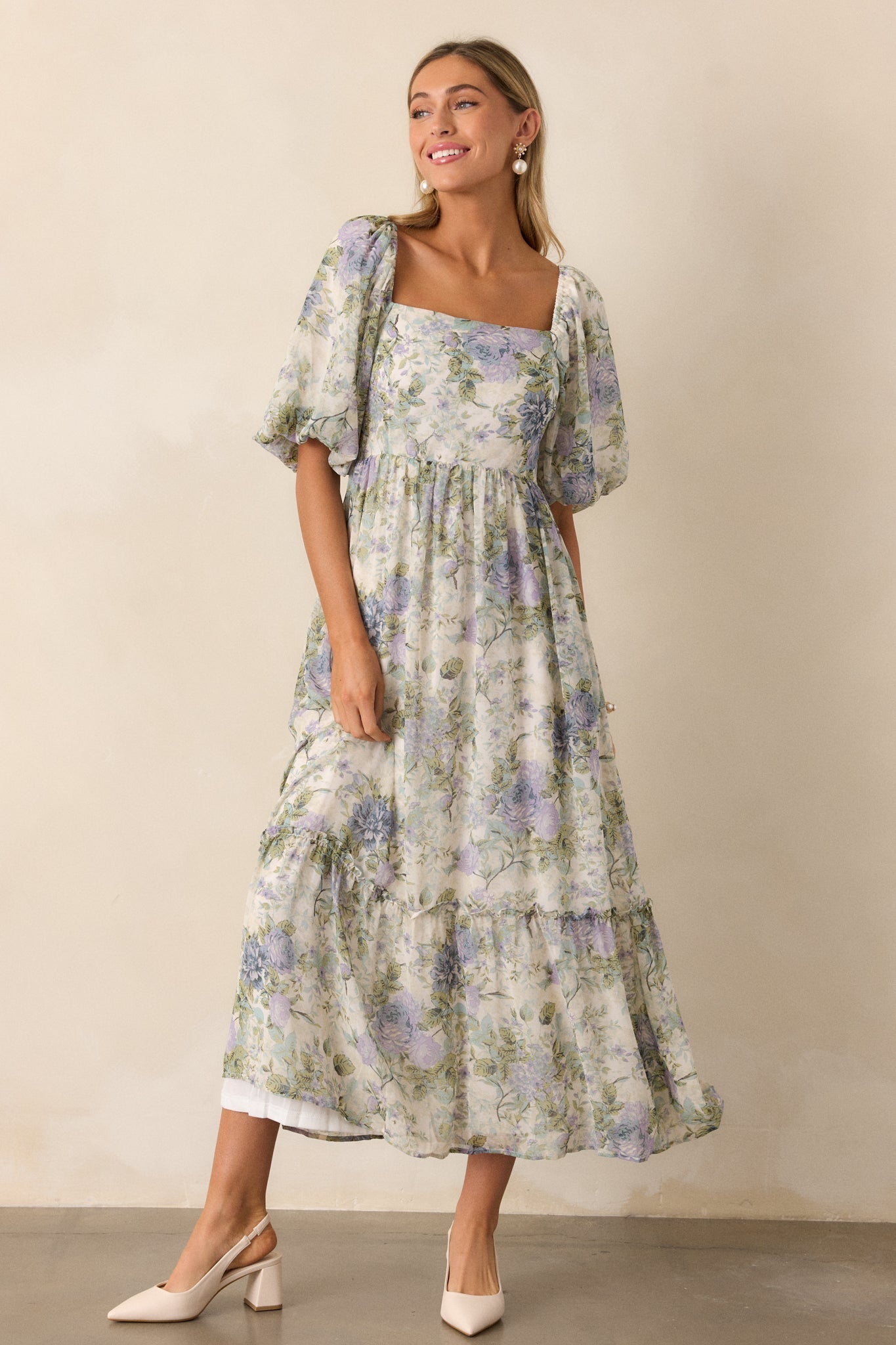 Fields of Gold Ivory Floral Puff Sleeve Midi Dress