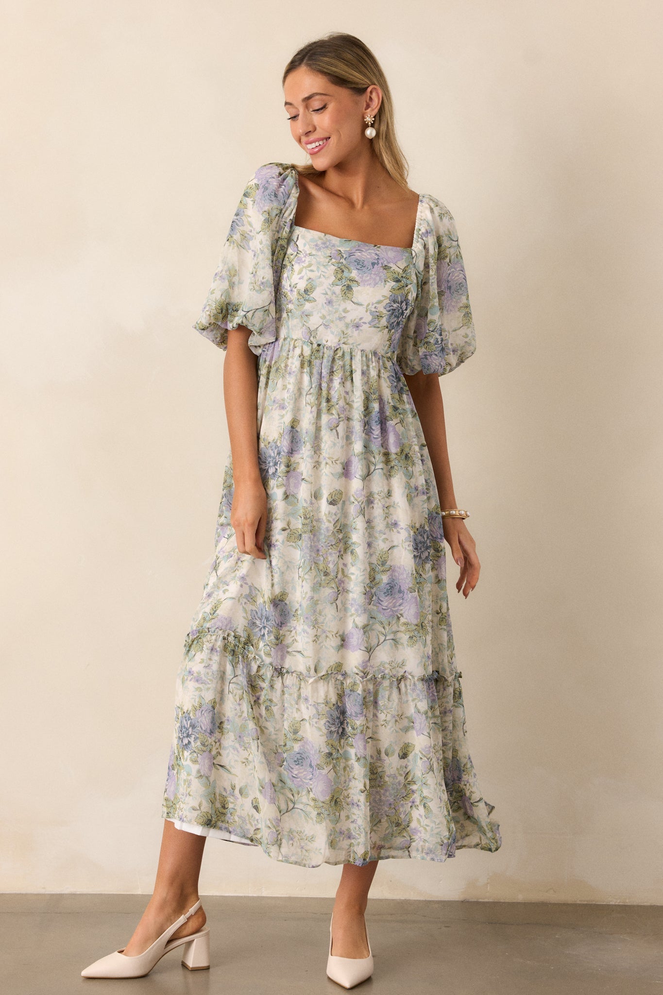 Fields of Gold Ivory Floral Puff Sleeve Midi Dress