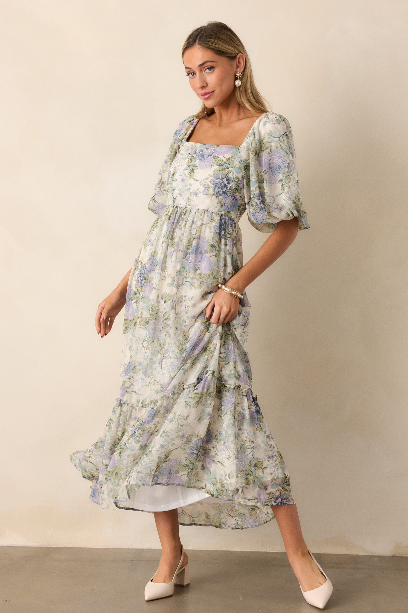 Fields of Gold Ivory Floral Puff Sleeve Midi Dress