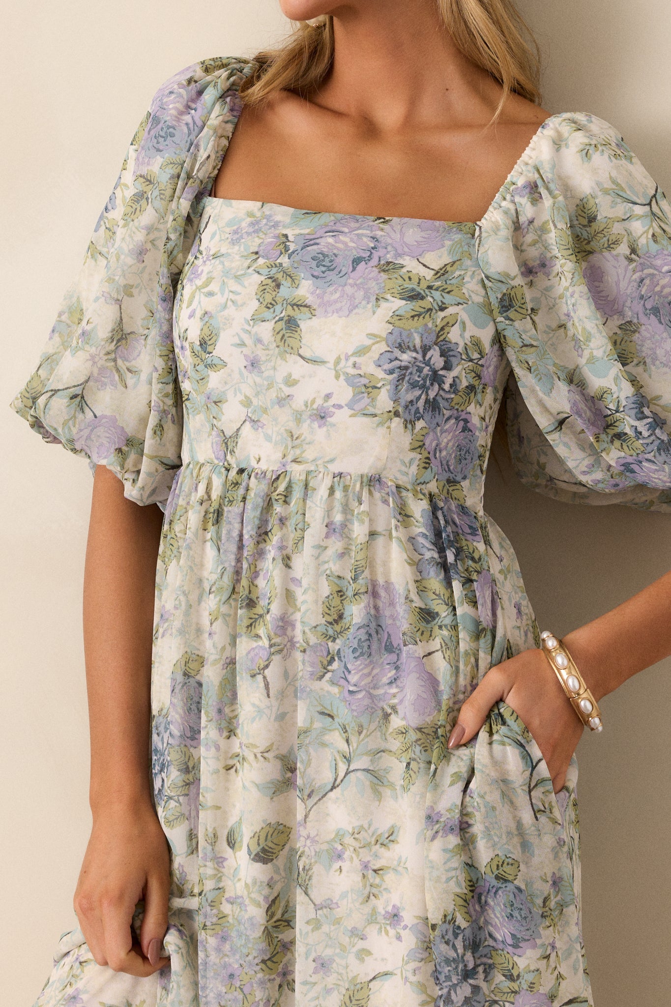 Fields of Gold Ivory Floral Puff Sleeve Midi Dress